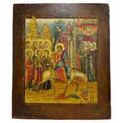 Antique Russian School Icon. Entry into Jerusalem. Early 20th century