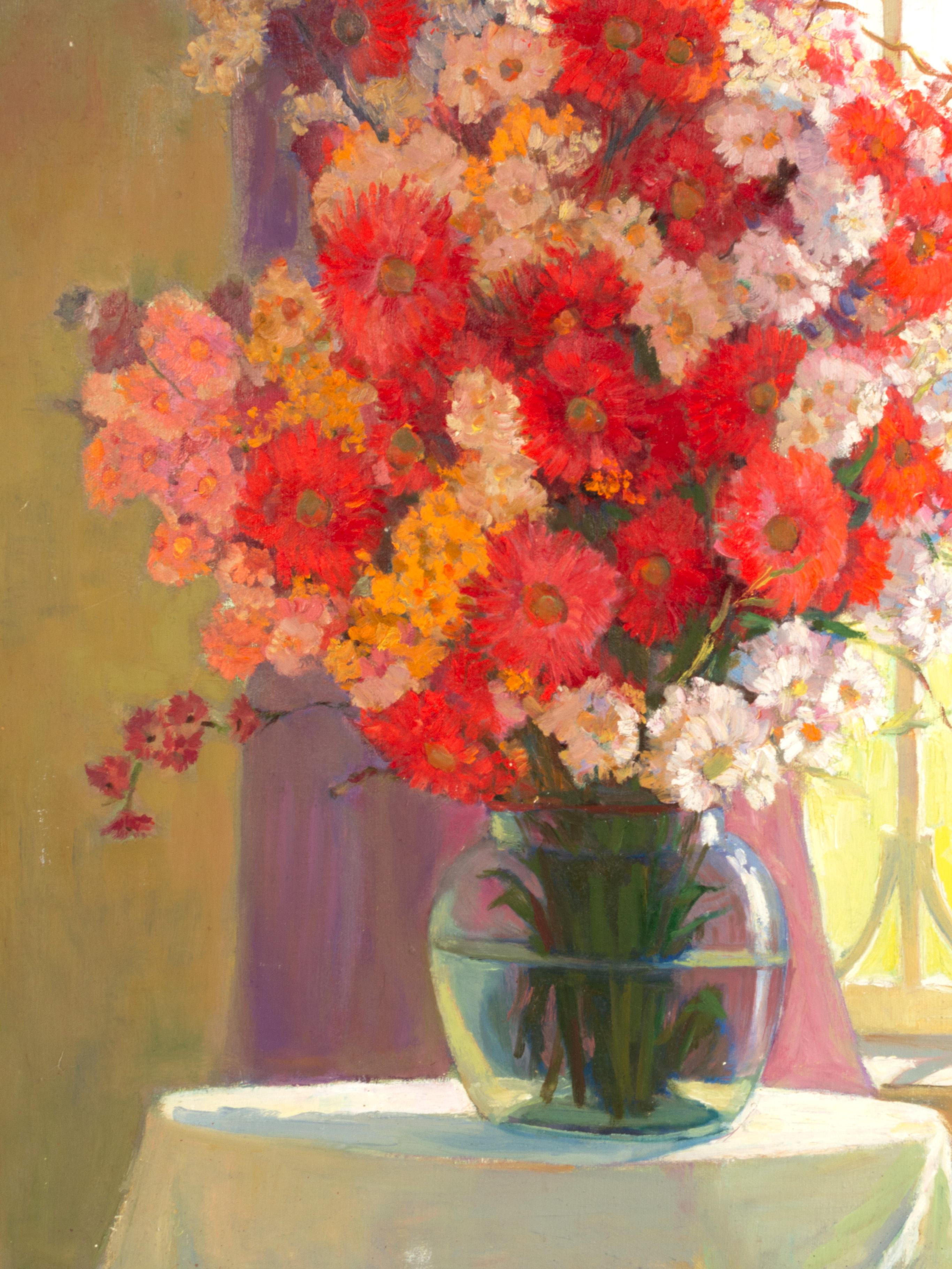 A Russian School oil on board still life of a bouquet of flowers in a a glass vase. Signed on reverse B.H. Pomohoba dated 1963. 

A large vibrant piece with stunning colours, and well executed.

Well framed (Reframed in 1994 in a gilt