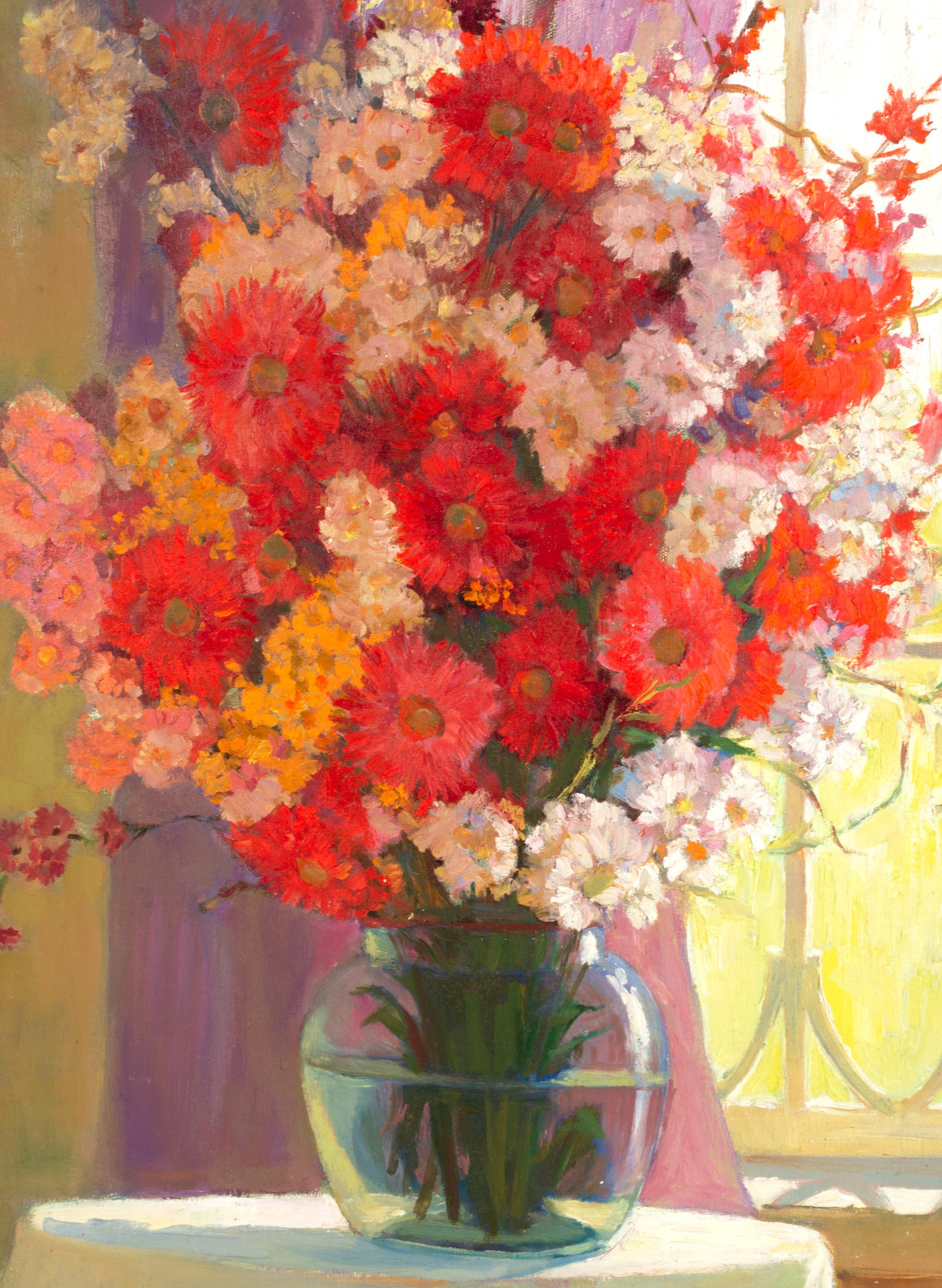 Russian School Oil on Board 'Bouquet of Flowers in a Vase' B.H. Pomahoba C.1963 In Good Condition For Sale In London, GB