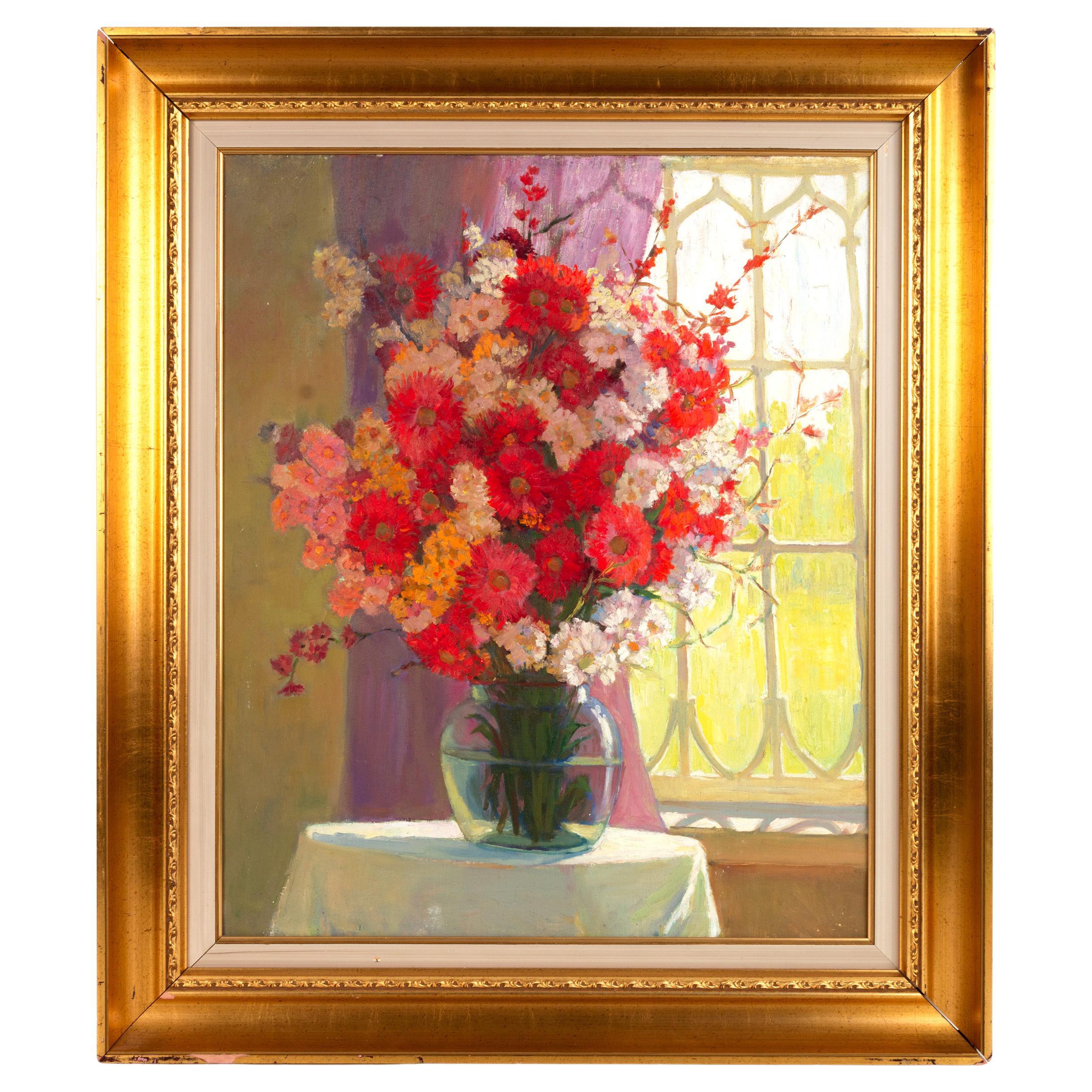 Russian School Oil on Board 'Bouquet of Flowers in a Vase' B.H. Pomahoba C.1963 For Sale
