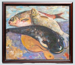 Expressionist Fish Still Life Oil on Canvas with Catfish. Russian school