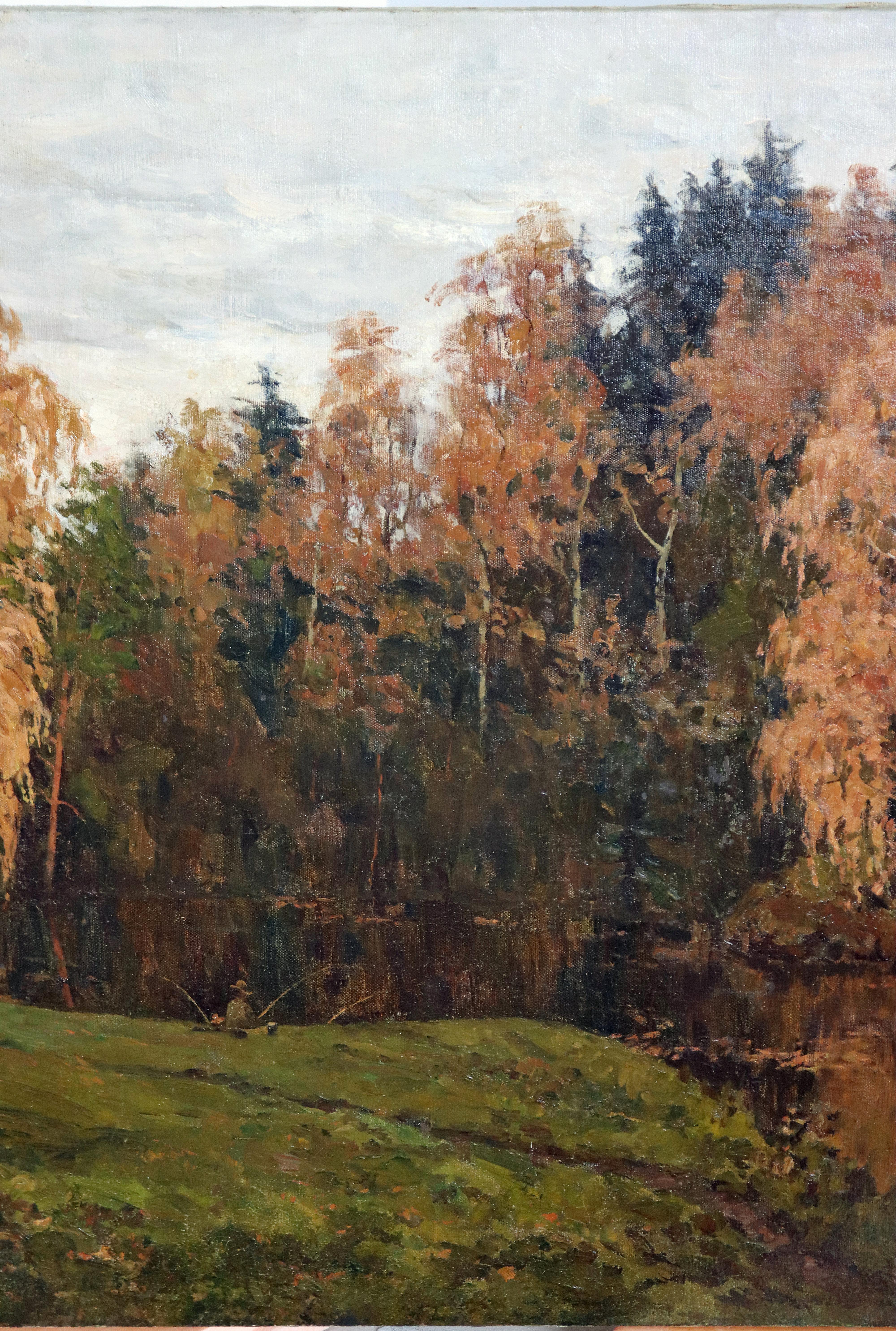 Paysage d'automne impressionniste russe avec un pêcheur - Painting de Russian School