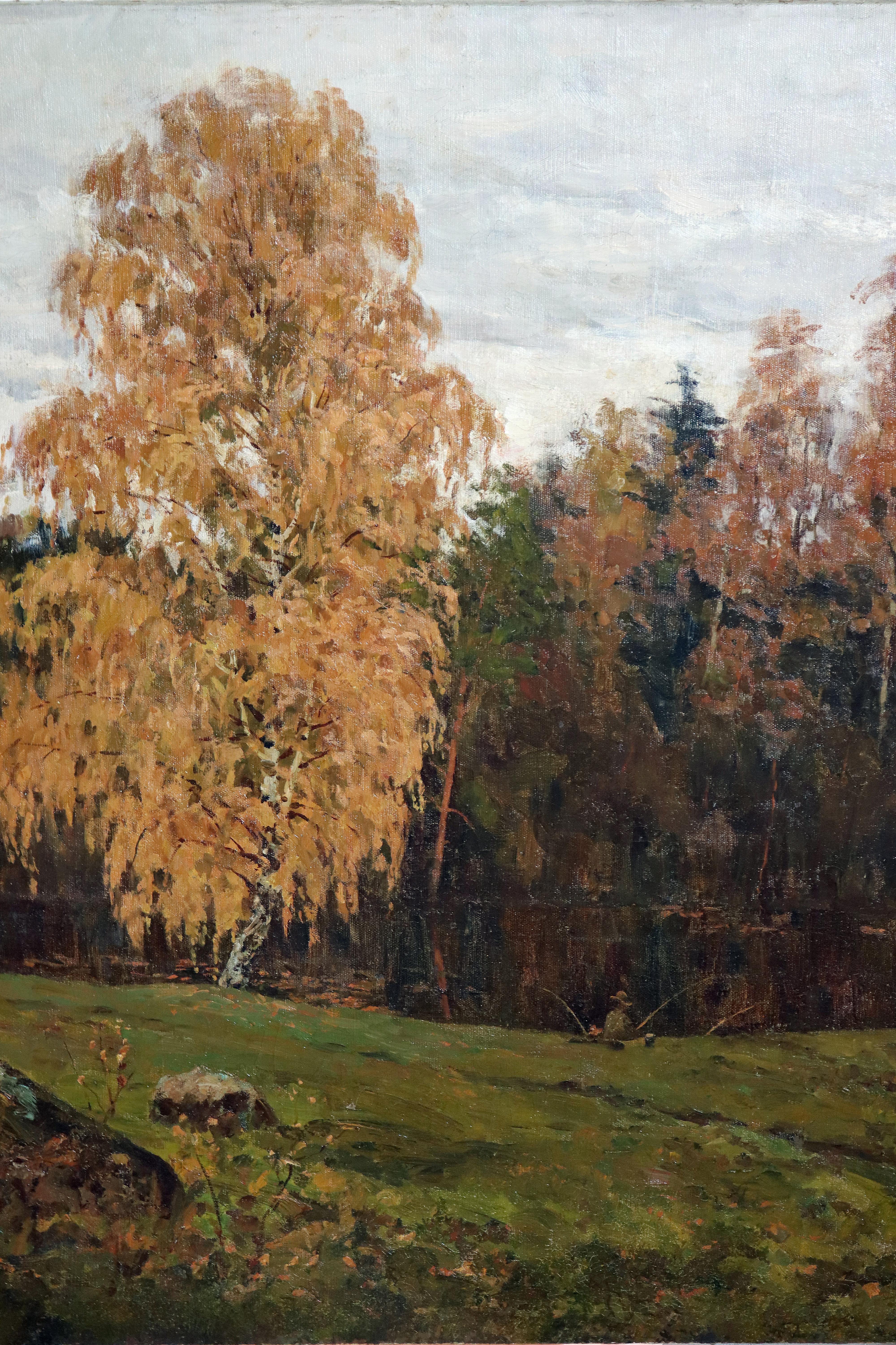 Paysage d'automne impressionniste russe avec un pêcheur - Noir Landscape Painting par Russian School