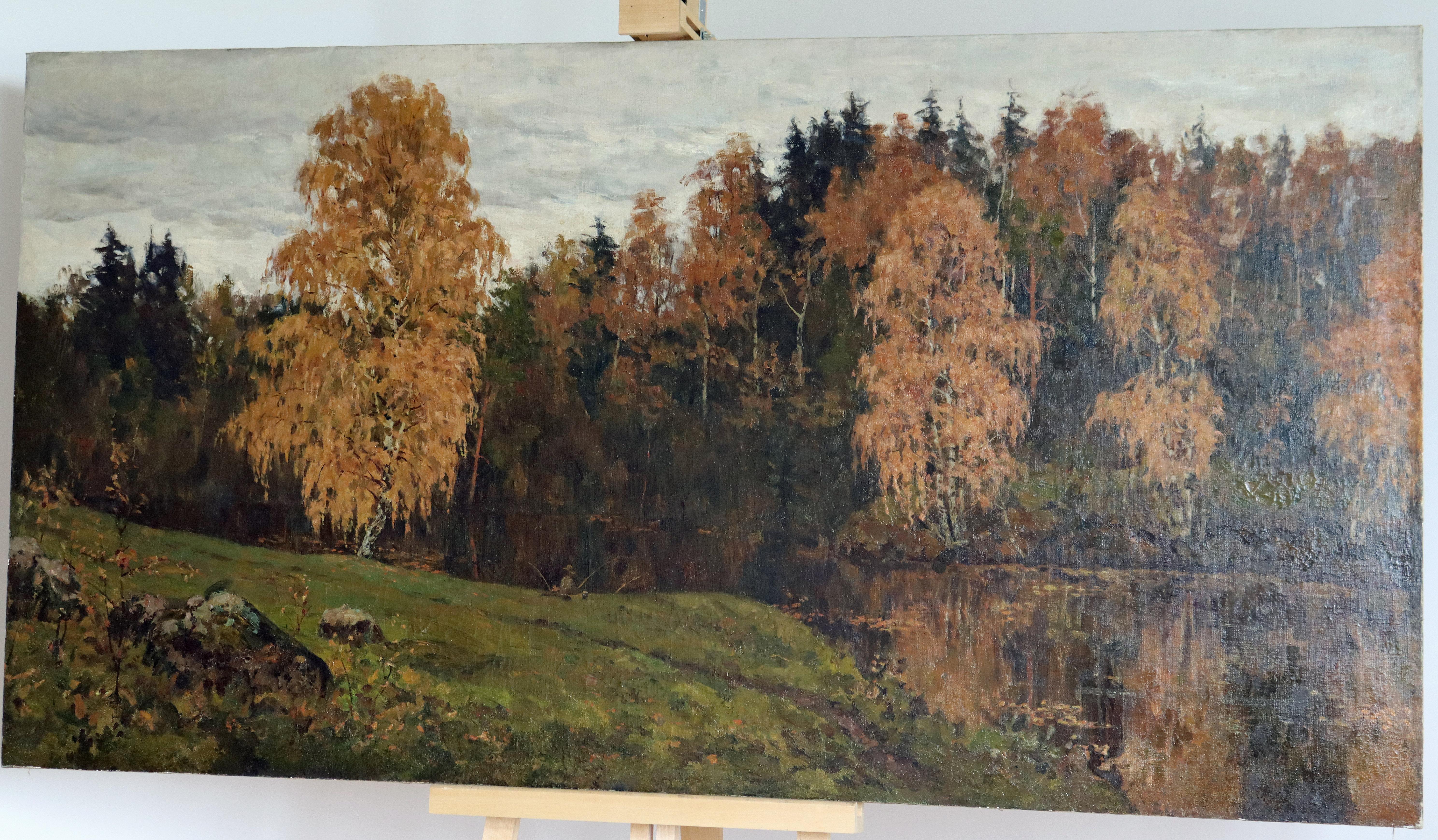 Paysage d'automne impressionniste russe avec un pêcheur en vente 2