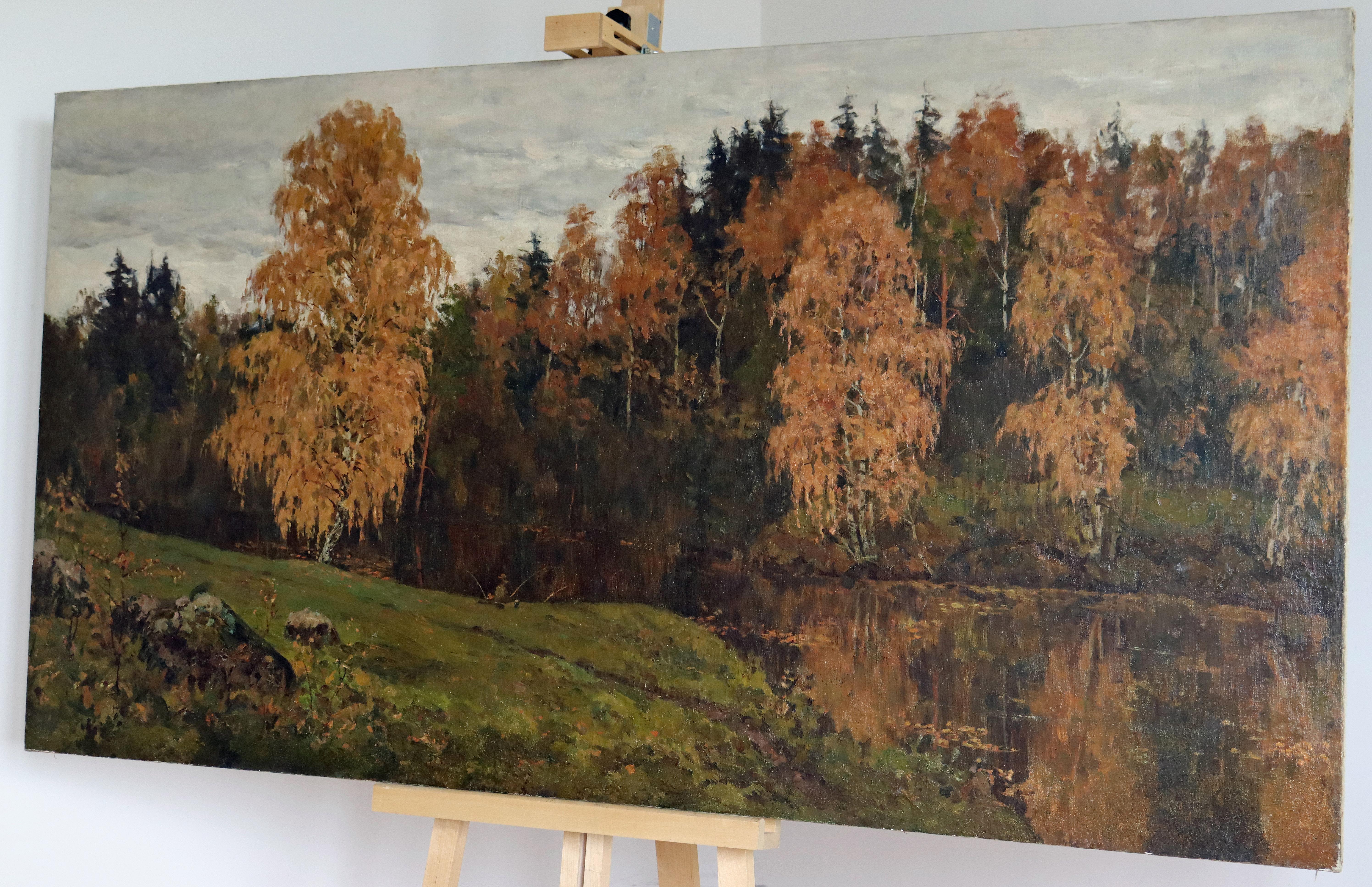 Paysage d'automne impressionniste russe avec un pêcheur en vente 3