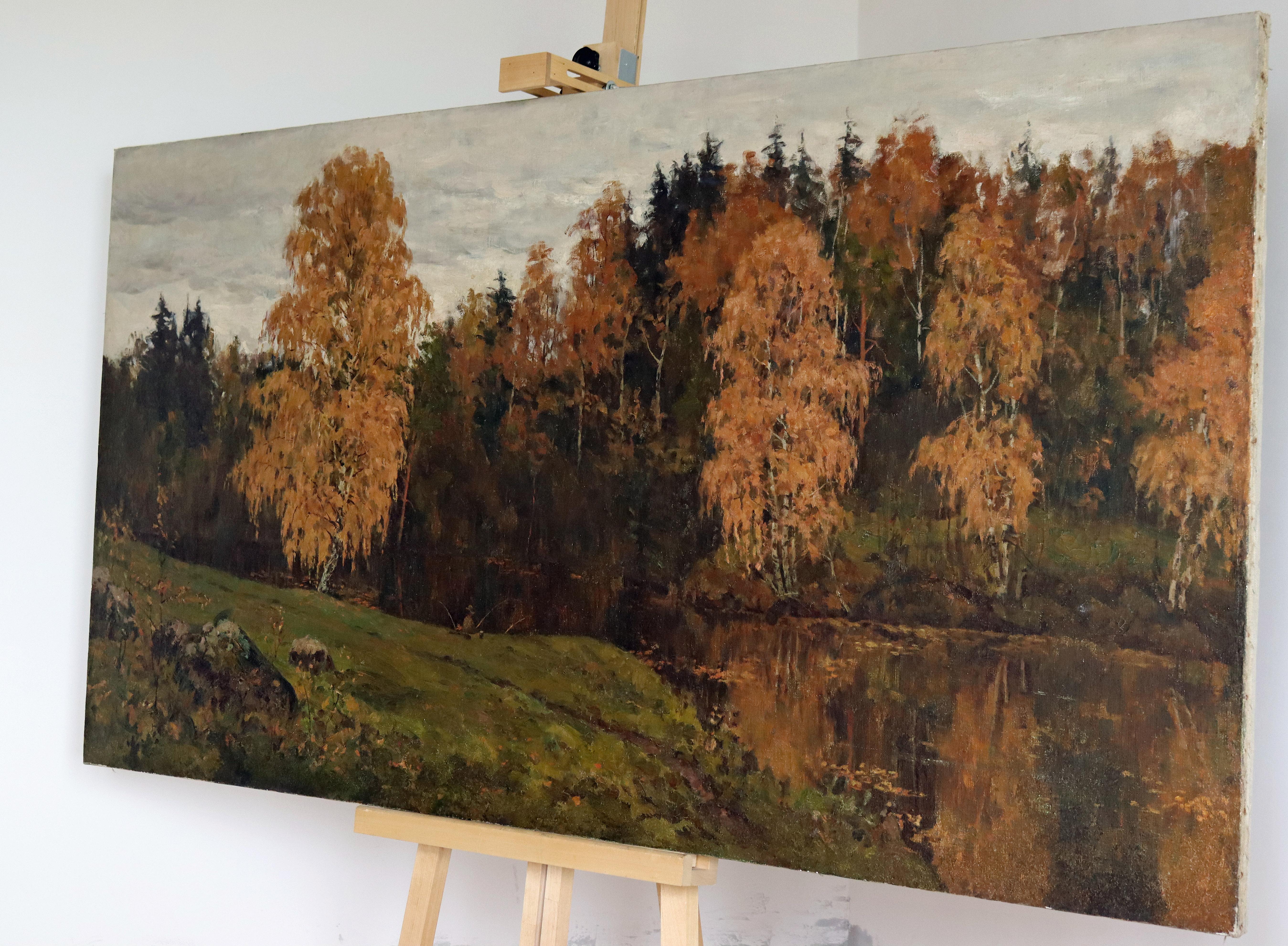 Paysage d'automne impressionniste russe avec un pêcheur en vente 4