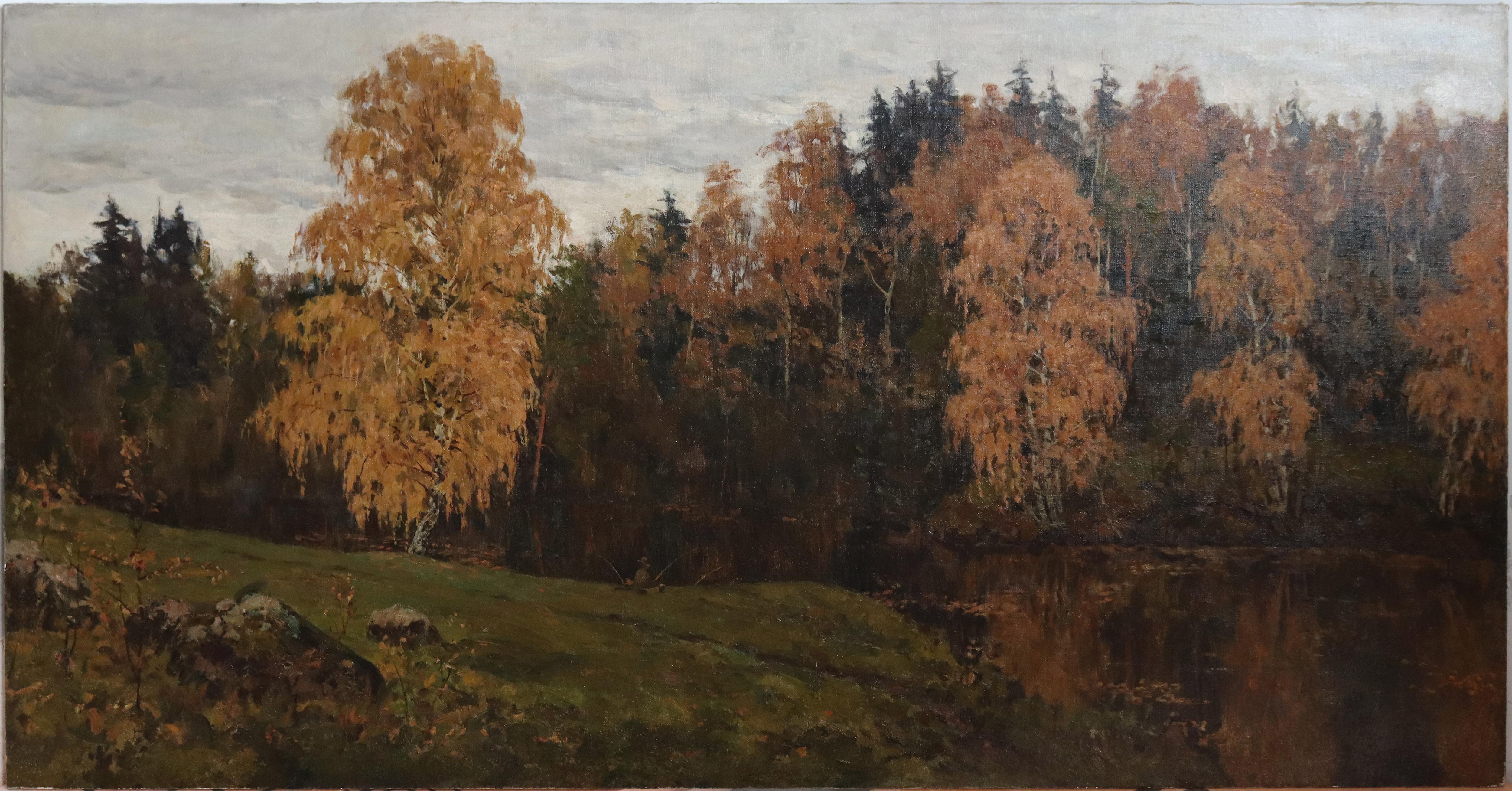 Russische impressionistische Herbstlandschaft mit einem Fischer