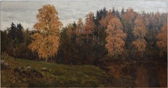 Russische impressionistische Herbstlandschaft mit einem Fischer