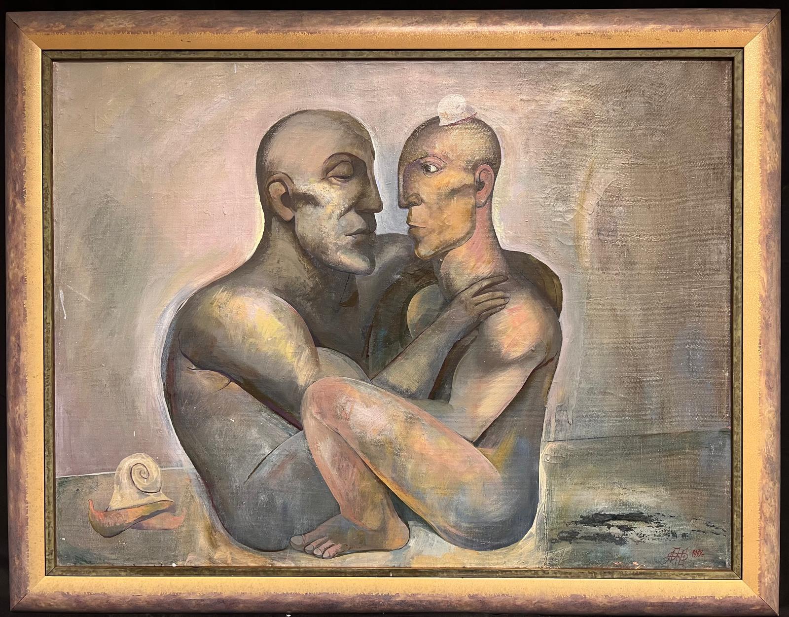 Pintura al óleo rusa modernista del siglo XX Desnudos masculinos en abrazo Abstracto - Painting de Russian School