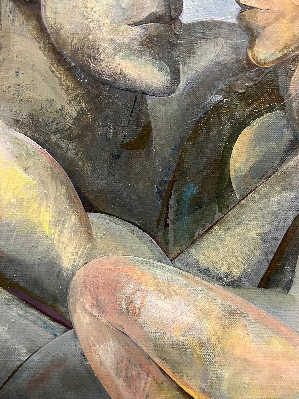 Pintura al óleo rusa modernista del siglo XX Desnudos masculinos en abrazo Abstracto en venta 4
