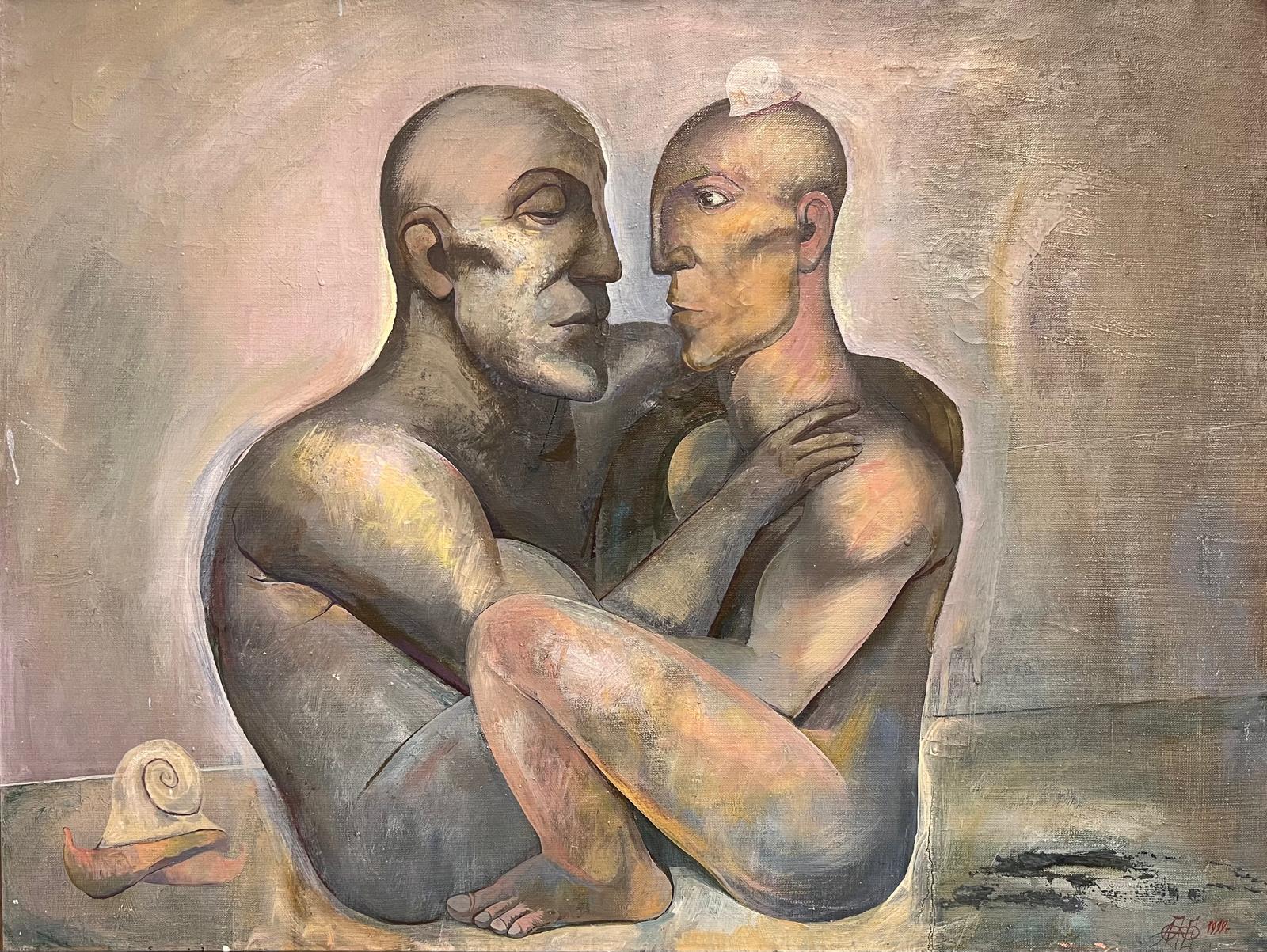 Abstract Painting de Russian School - Pintura al óleo rusa modernista del siglo XX Desnudos masculinos en abrazo Abstracto