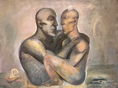 Russian Modernist 20th Century Oil Painting Male Nudes in Embrace Abstract