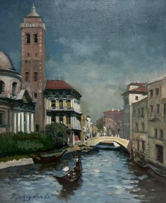 Retro Tranquil Venetian Canal Backwater by Russian Impressionist artist, signed