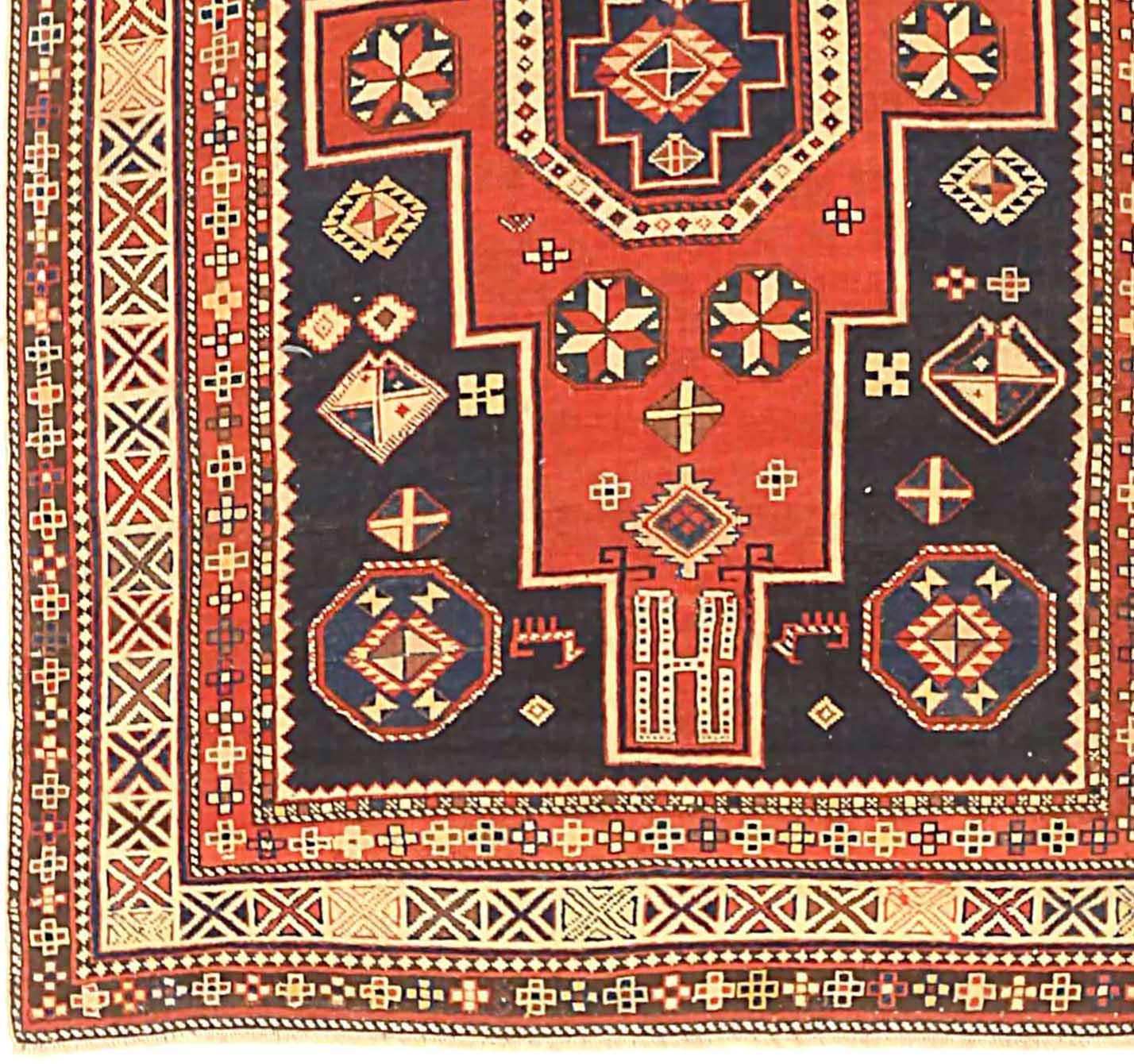 Russischer Shirvan-Teppich Circa 1940 - Wolle Schwarz Elfenbein Rot 72873 im Zustand „Hervorragend“ im Angebot in Dallas, TX