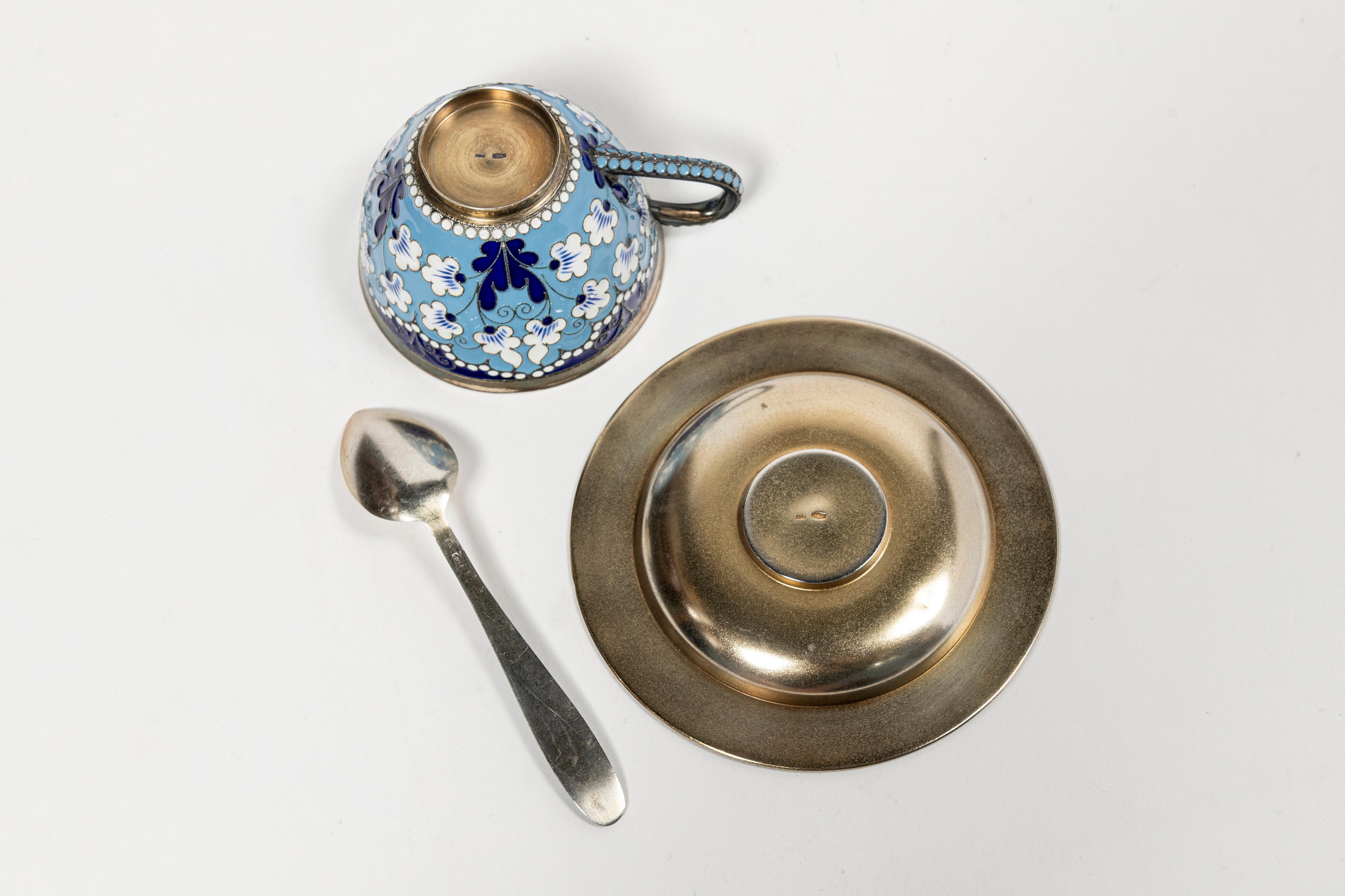 Russian silver and enamel tea set for six people, Russia, circa 1960. For Sale 5