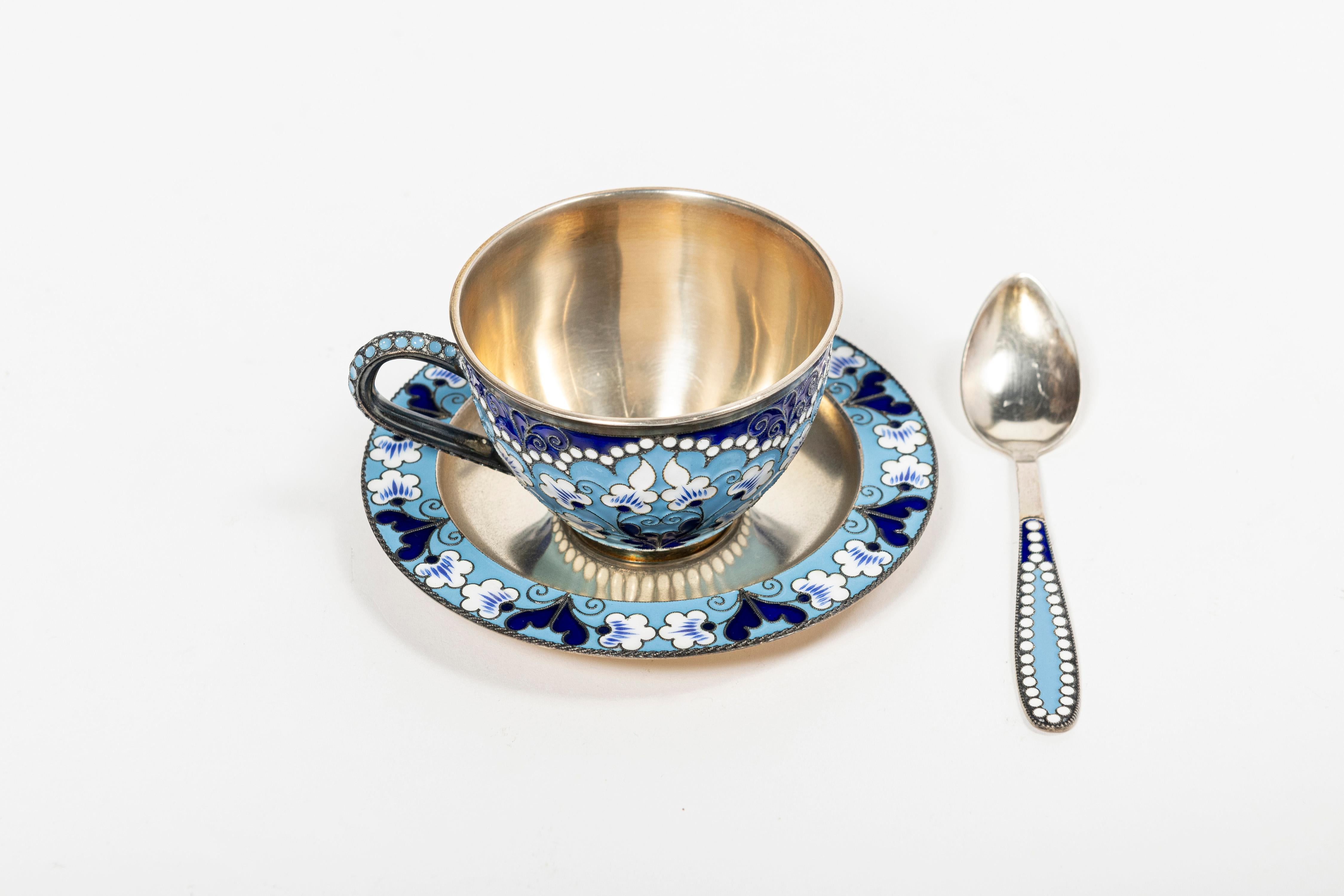 Mid-Century Modern Russian silver and enamel tea set for six people, Russia, circa 1960. For Sale