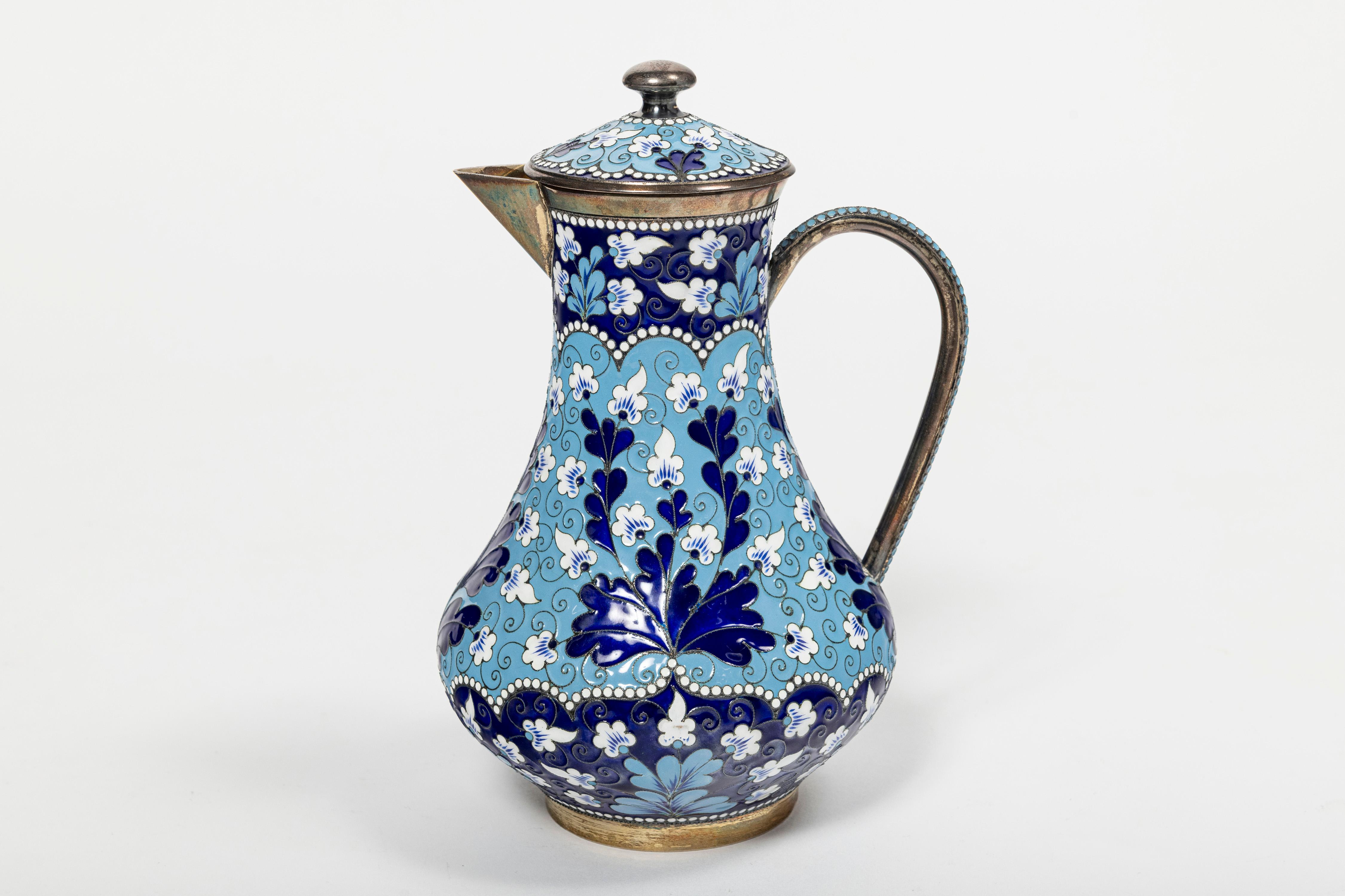 Mid-20th Century Russian silver and enamel tea set for six people, Russia, circa 1960. For Sale