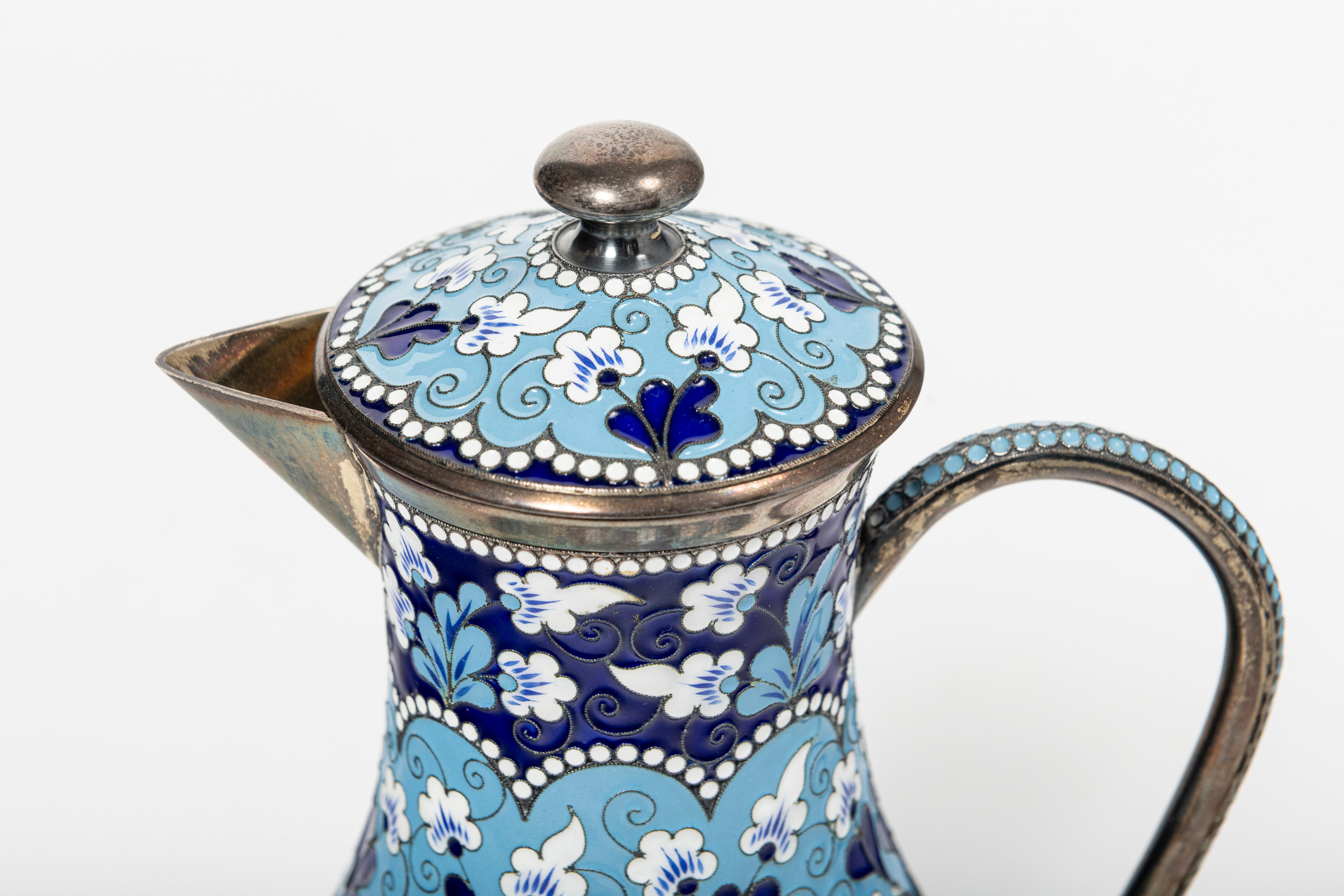 Russian silver and enamel tea set for six people, Russia, circa 1960. For Sale 1