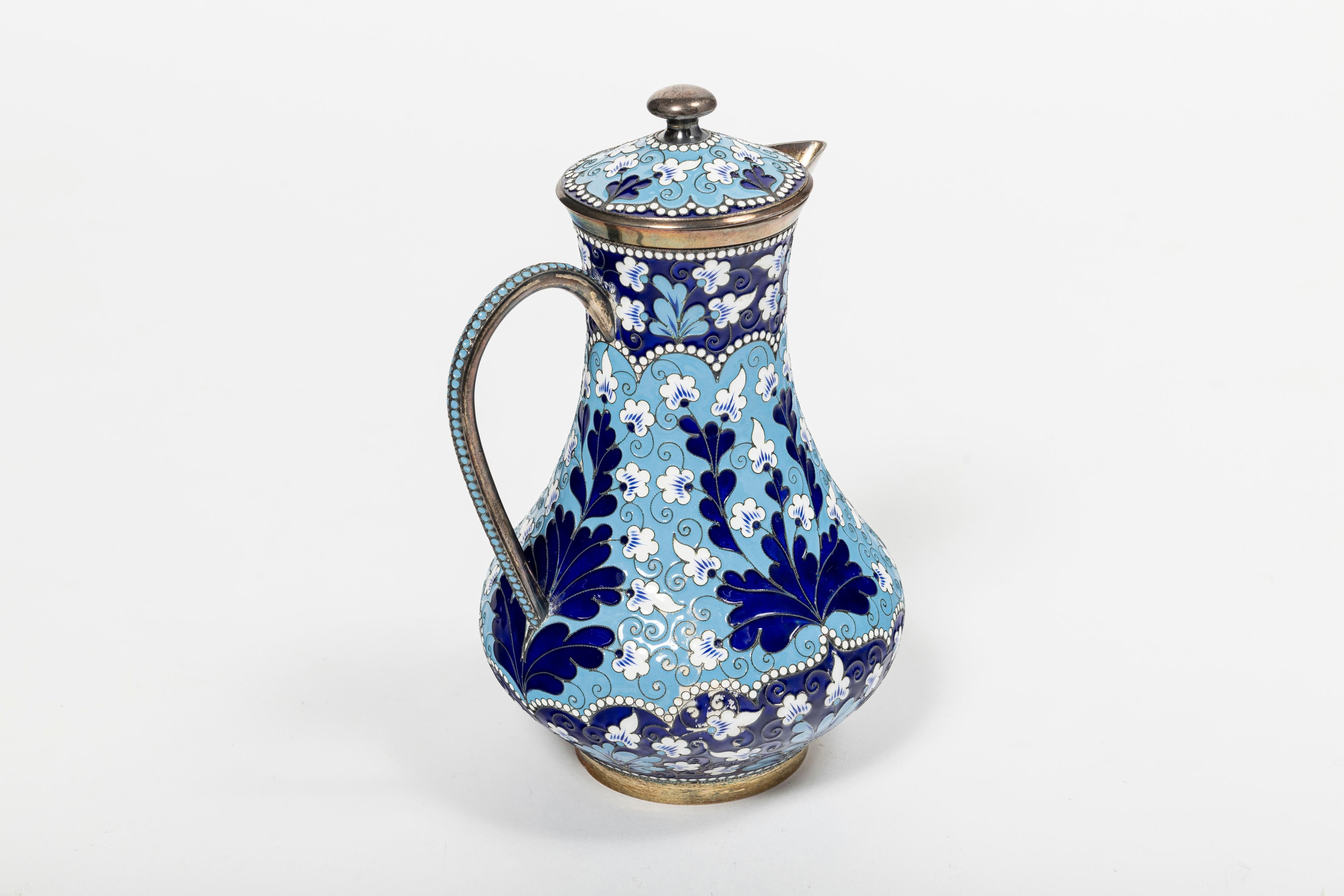Russian silver and enamel tea set for six people, Russia, circa 1960. For Sale 2