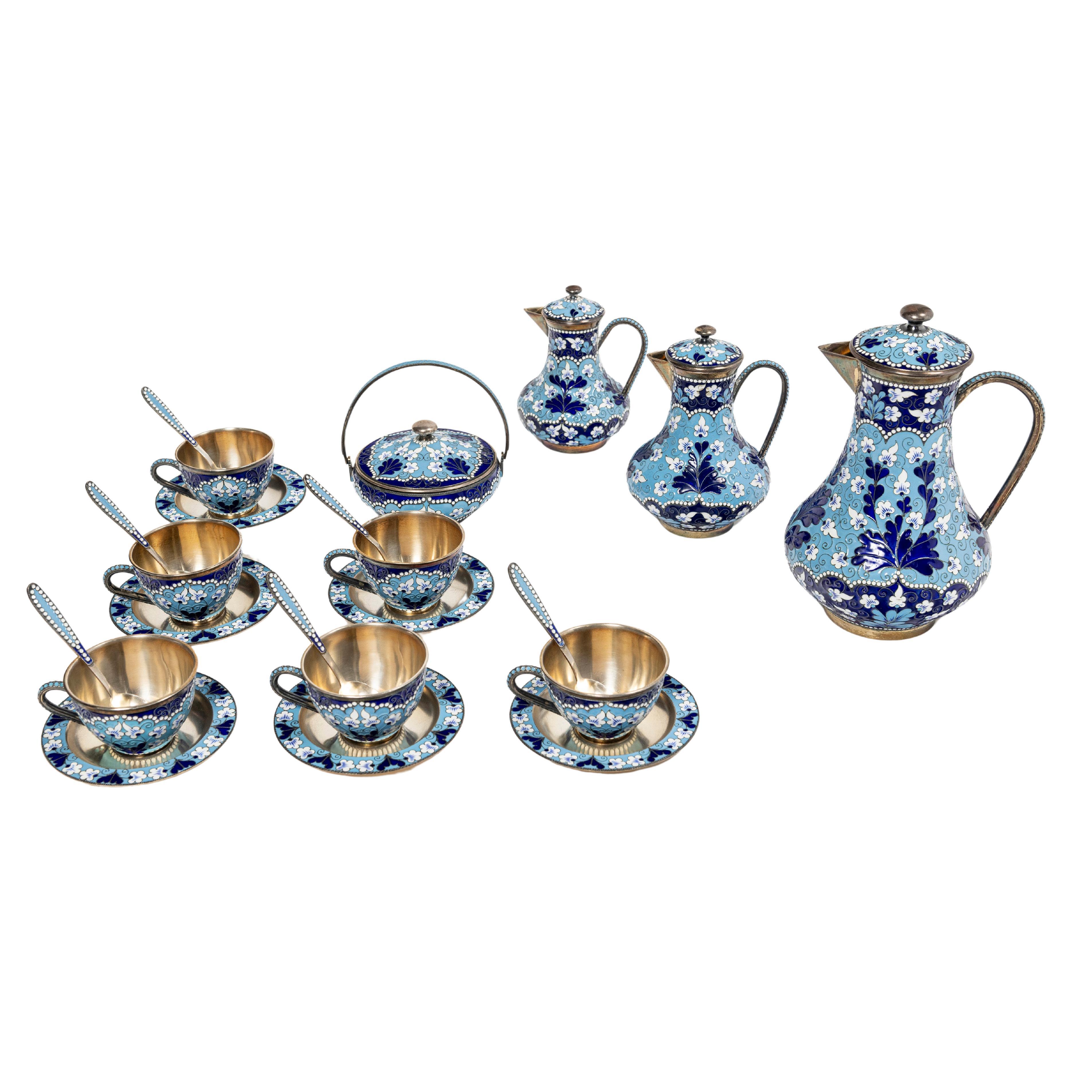 Russian silver and enamel tea set for six people, Russia, circa 1960. For Sale