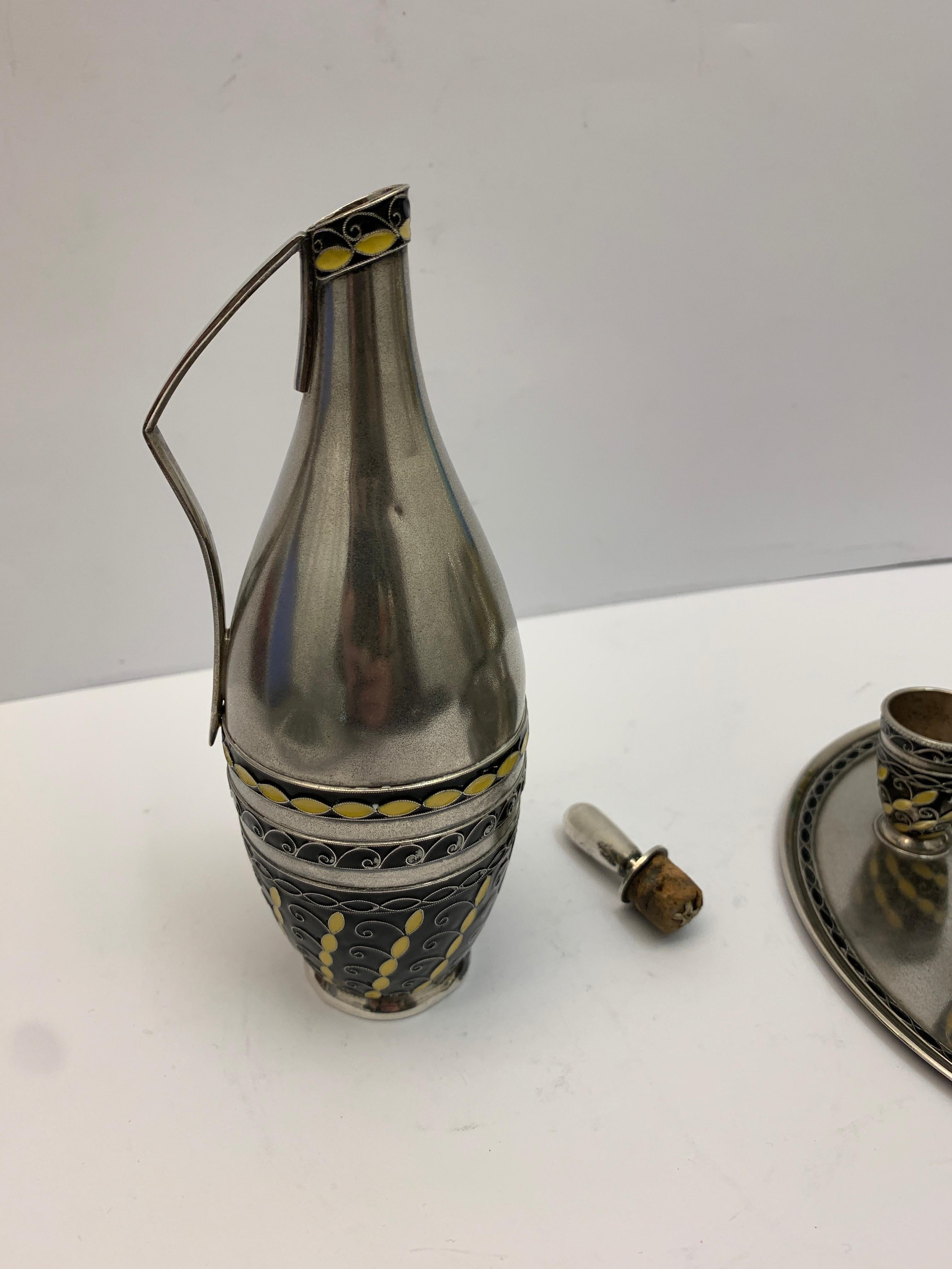 Mid-20th Century Russian Silver and Enamel Vodka Set, circa 1940 For Sale