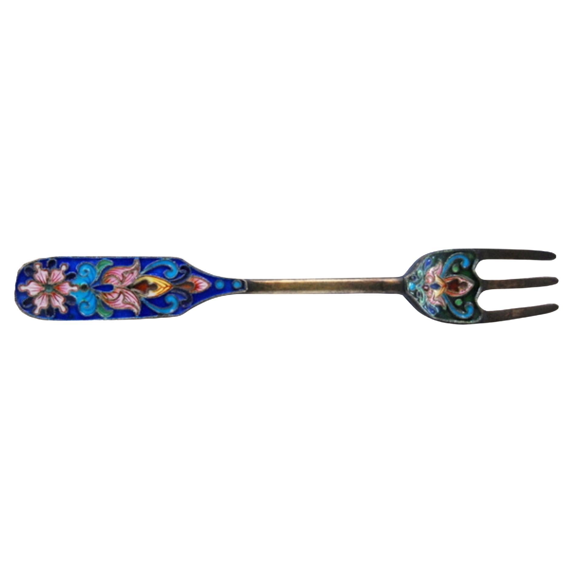 Russian silver children
s fork in the Cloisonné style with three tines For Sale