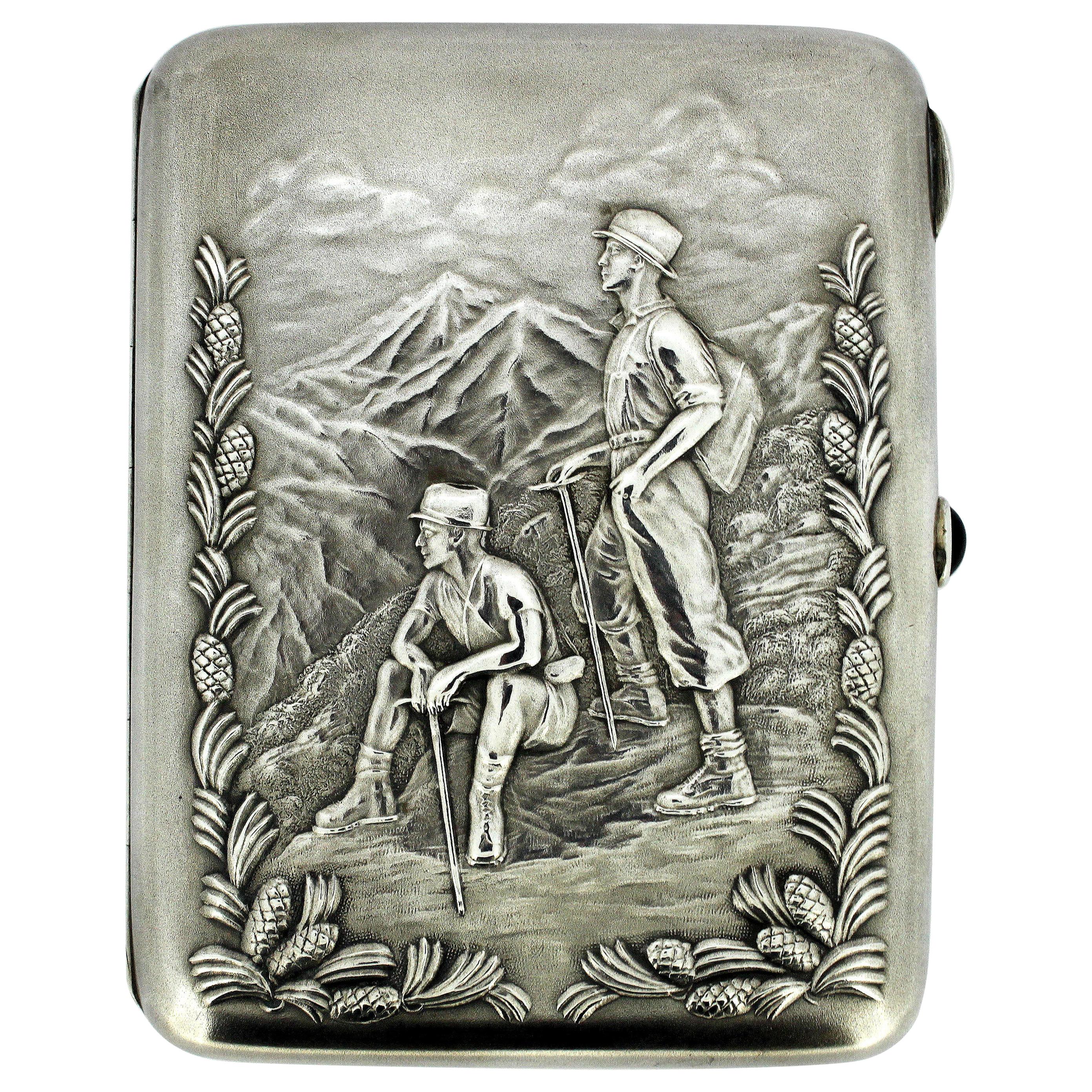 Russian Silver Cigarette Case with Sapphire Opening Button