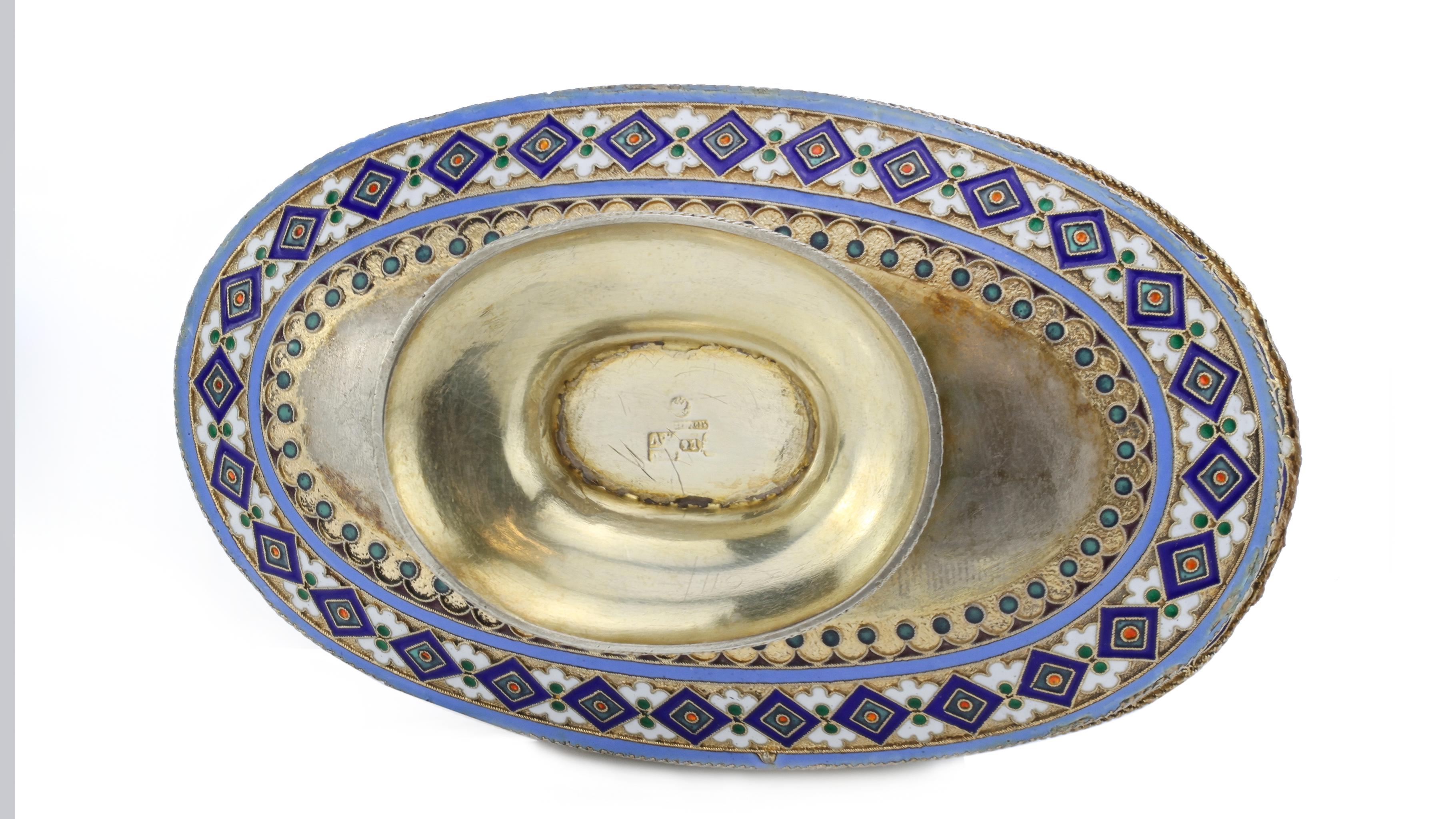 Cloissoné Russian Silver Cloisonné Enamel Dish, 1890s by Ovchinnikov