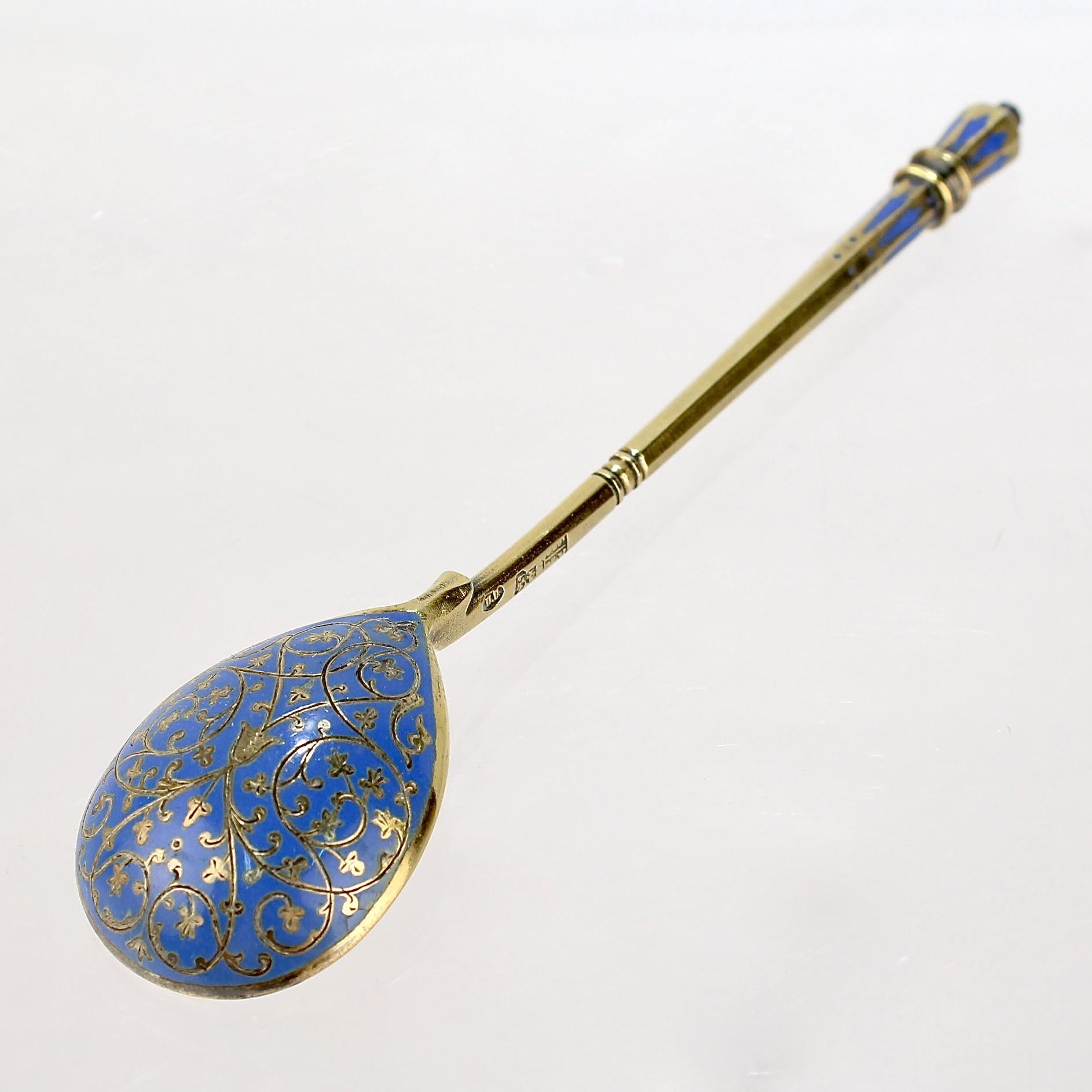A very fine antique Russian tea or kvosh spoon.

By Pavel Ouchinnikov

With polychrome shaded cloisonné enamel decoration to both the front and reverse.

Simply a wonderful piece of Imperial Russian silver!

Date:
Late 19th or Early 20th