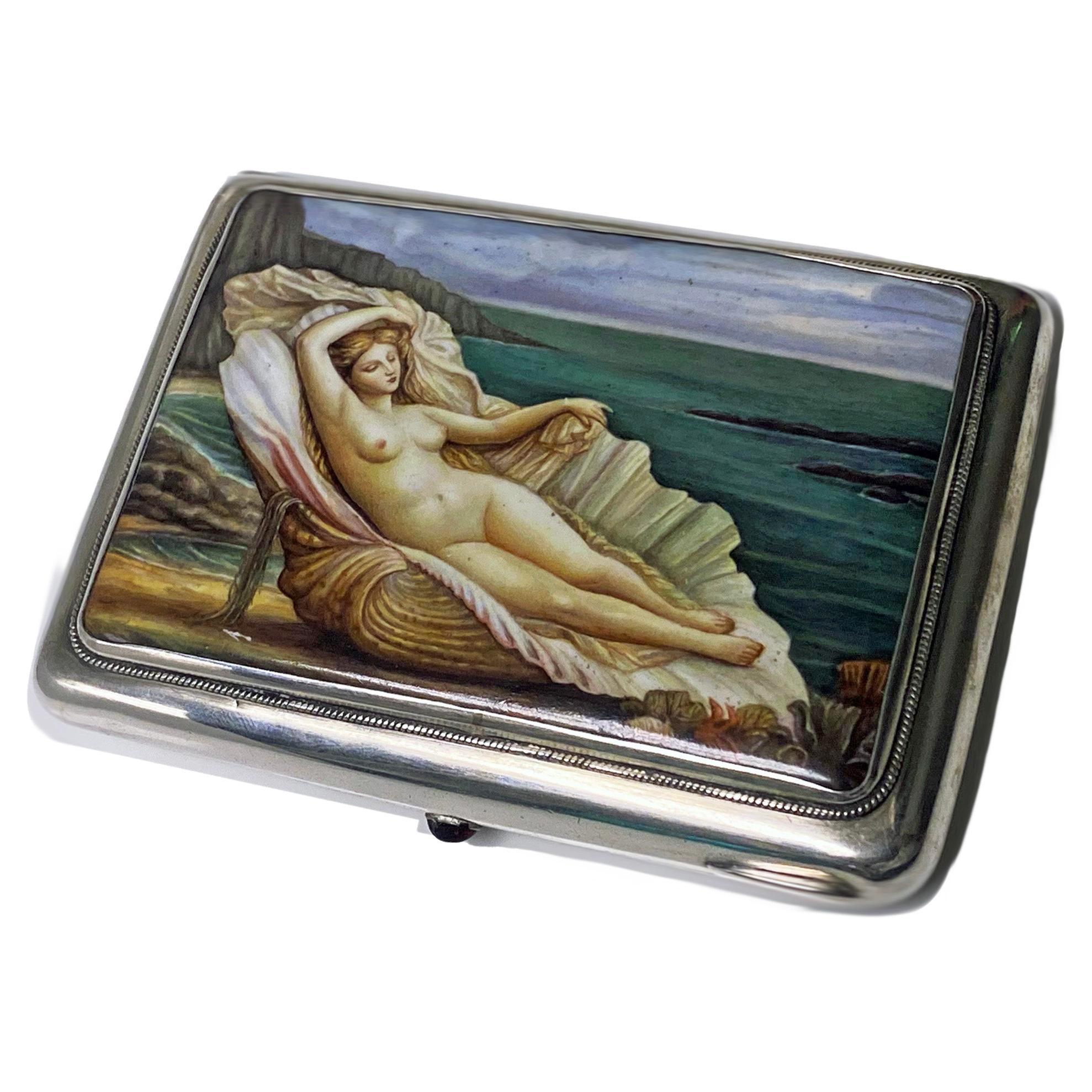 Antique Russian Silver enamel nude cigarette case box, Moscow C.1910. Makers mark for Konstantin Illarionovich Skvortsov and assay mark for Ivan Lebedkin. The cover hand painted enamel depicting Venus reclining in a scallop shell with background of