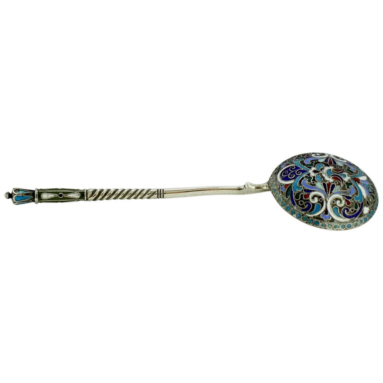 Russian Silver Enameled Spoon by Nikolai Pavlovich Pavlov, Moscow For