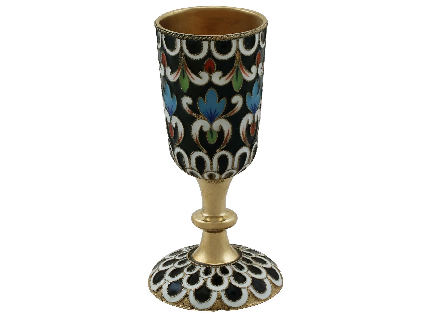 Russian Silver Gilt and Enamel Vodka Decanter and Goblet Set 6