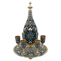 Russian Silver Gilt and Enamel Vodka Decanter and Goblet Set