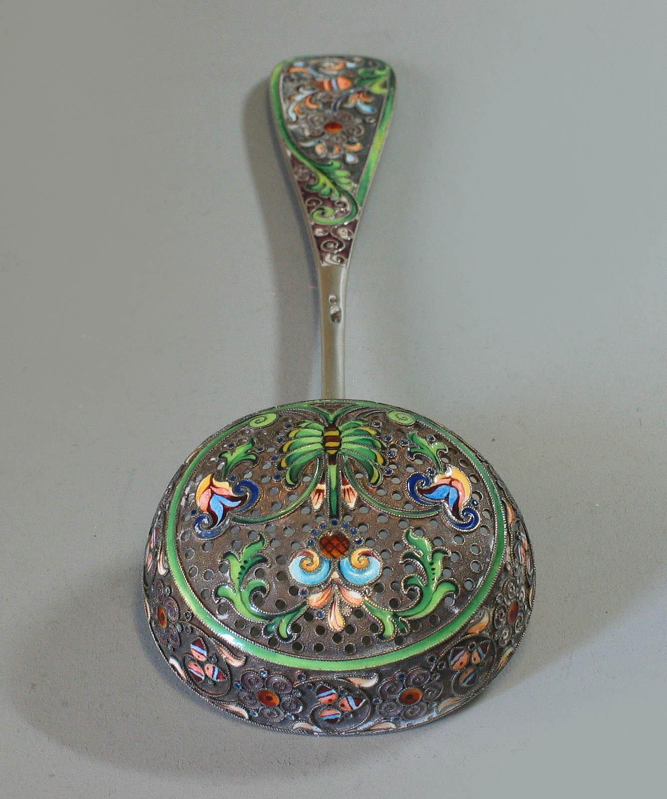 Sterling Silver Russian Silver-Gilt & Cloissone Enamel Sifter Spoon 11th Artel Moscow, 1908-1917 For Sale