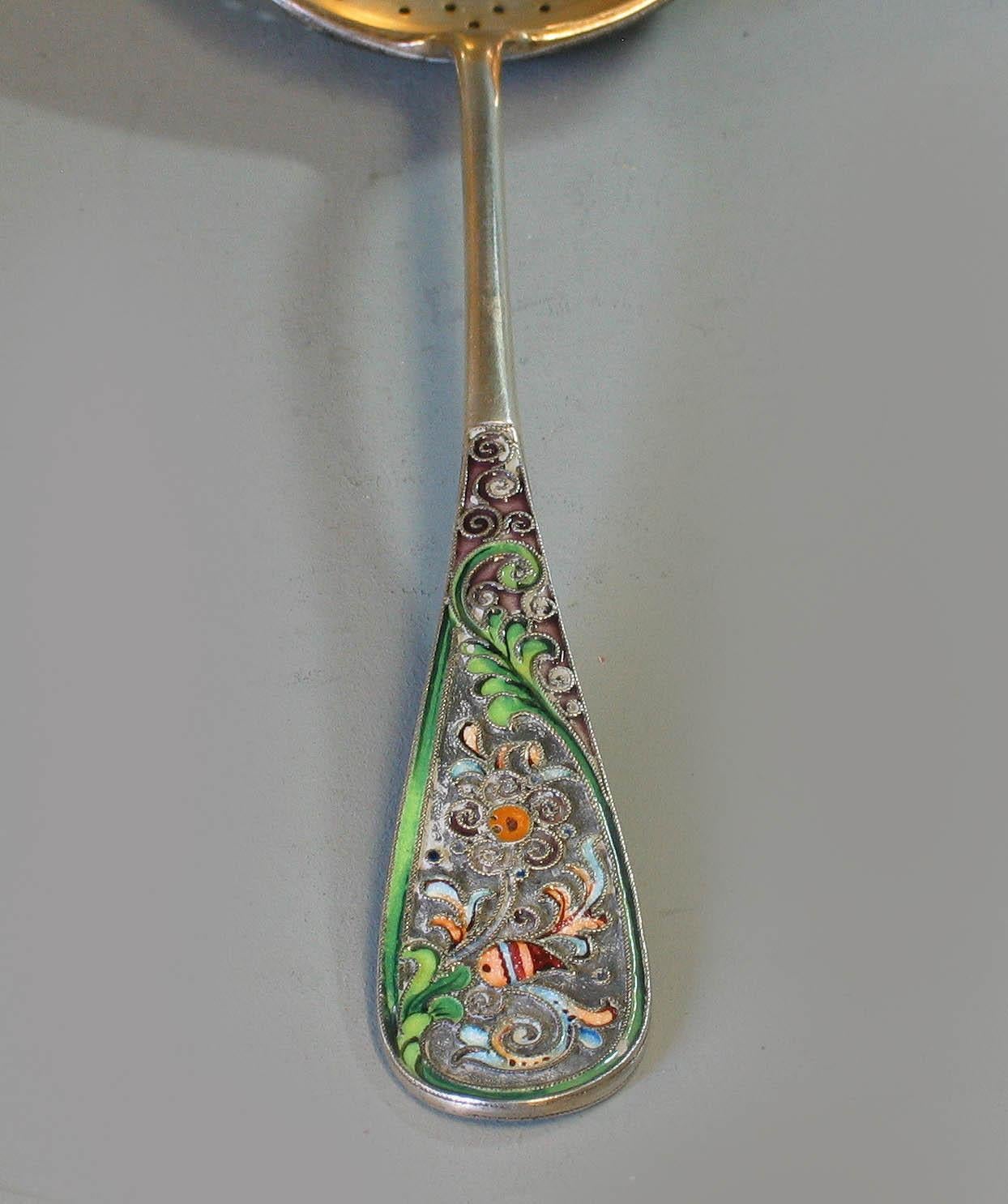 Baltic Russian Silver-Gilt & Cloissone Enamel Sifter Spoon 11th Artel Moscow, 1908-1917 For Sale