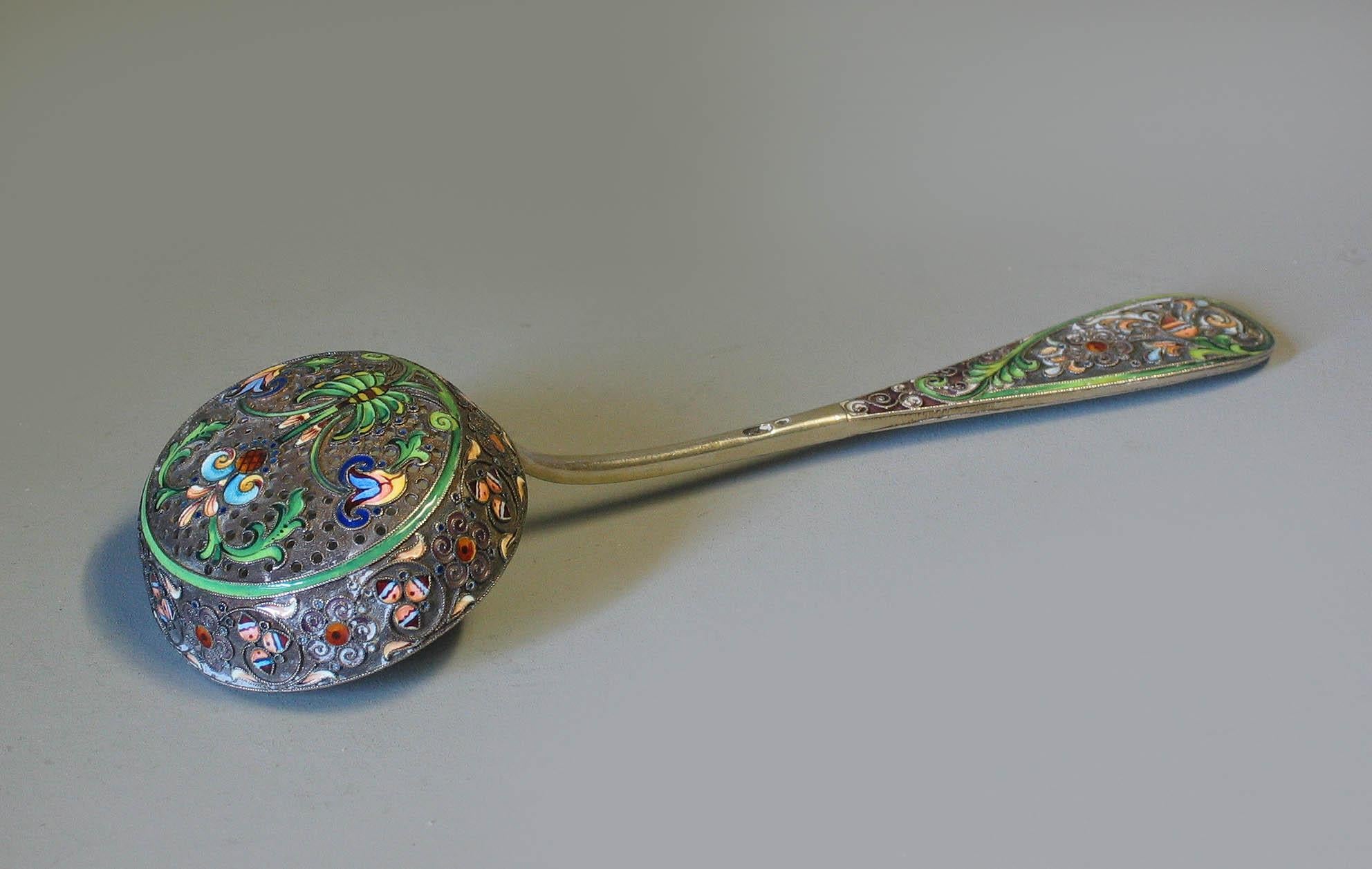 20th Century Russian Silver-Gilt & Cloissone Enamel Sifter Spoon 11th Artel Moscow, 1908-1917 For Sale