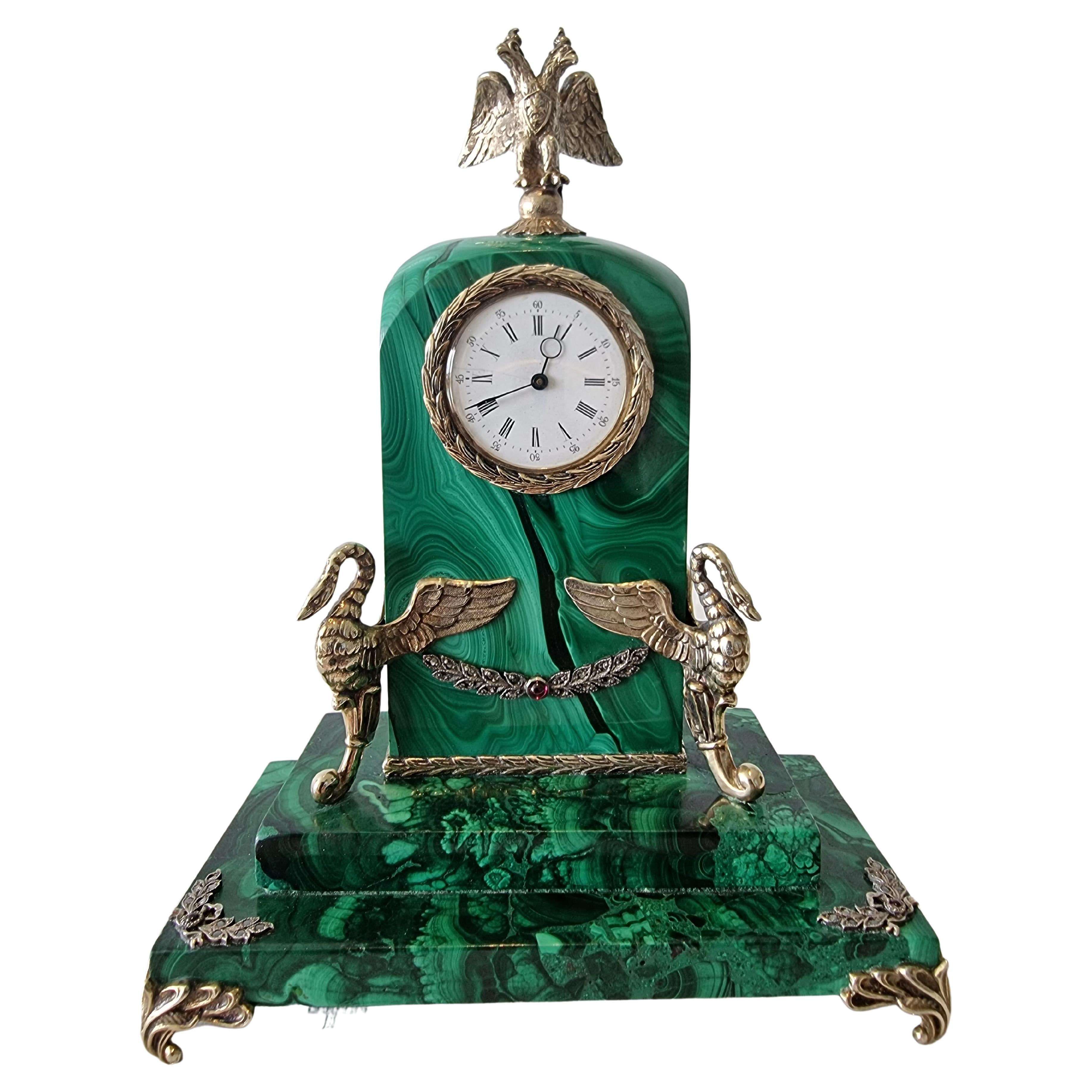 Russian Silver Gilt, Diamond and Malachite Miniature Desk Timepiece For Sale