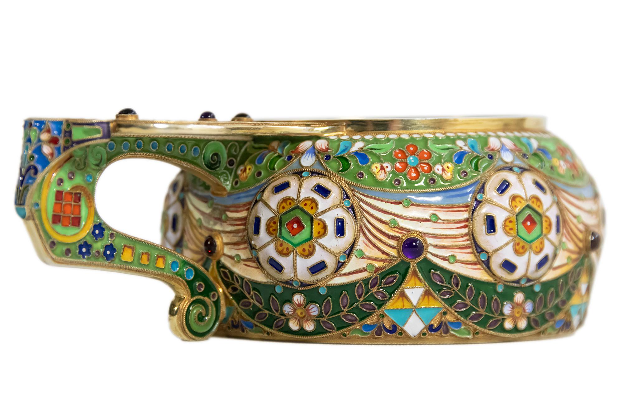Antique Russian silver inside gilt and enamel cloisonné kovsh decorated with semi precious gemstones.
Marked BGratchevi.
Total weight 493 g.
 