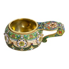 Russian Silver Gilt Enamel Cloisonné and Gemstones Kovsh