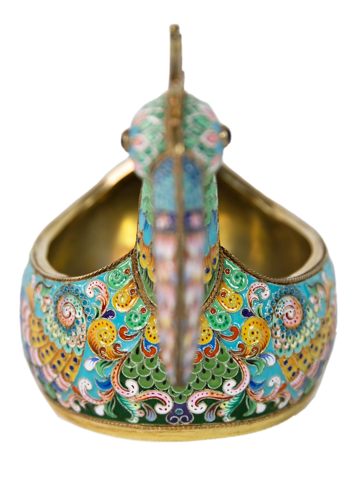 Russian Silver Gilt Enamel Cloisonné and Gemstones Kovsh / Kovsch In Good Condition In Vilnius, LT