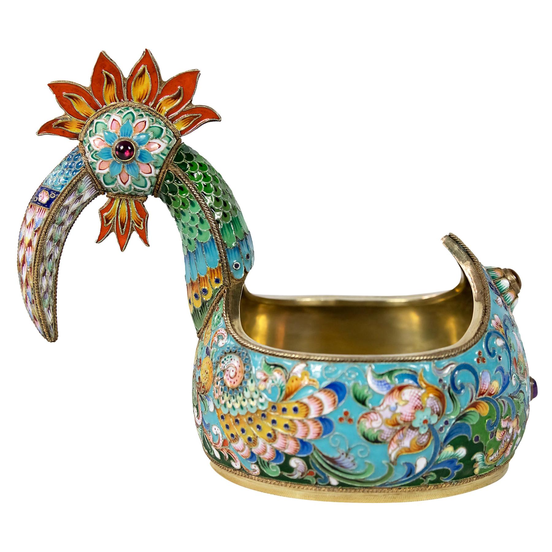 Russian Silver Gilt Enamel Cloisonné and Gemstones Kovsh / Kovsch