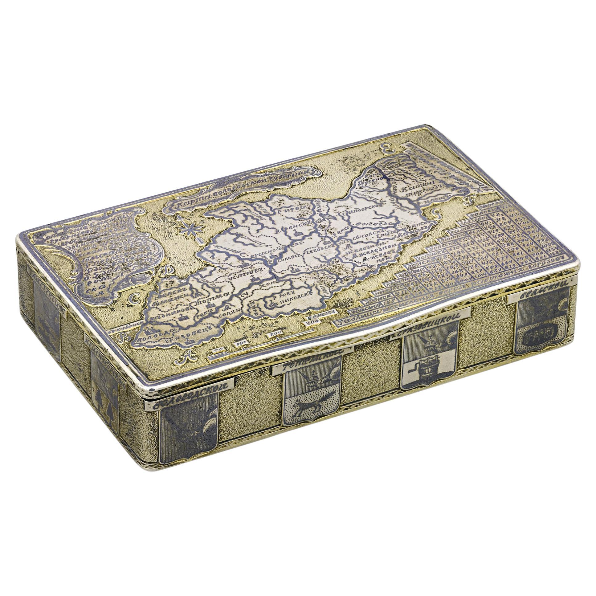 Russian Silver, Gold And Niello Topographical Snuff Box For Sale