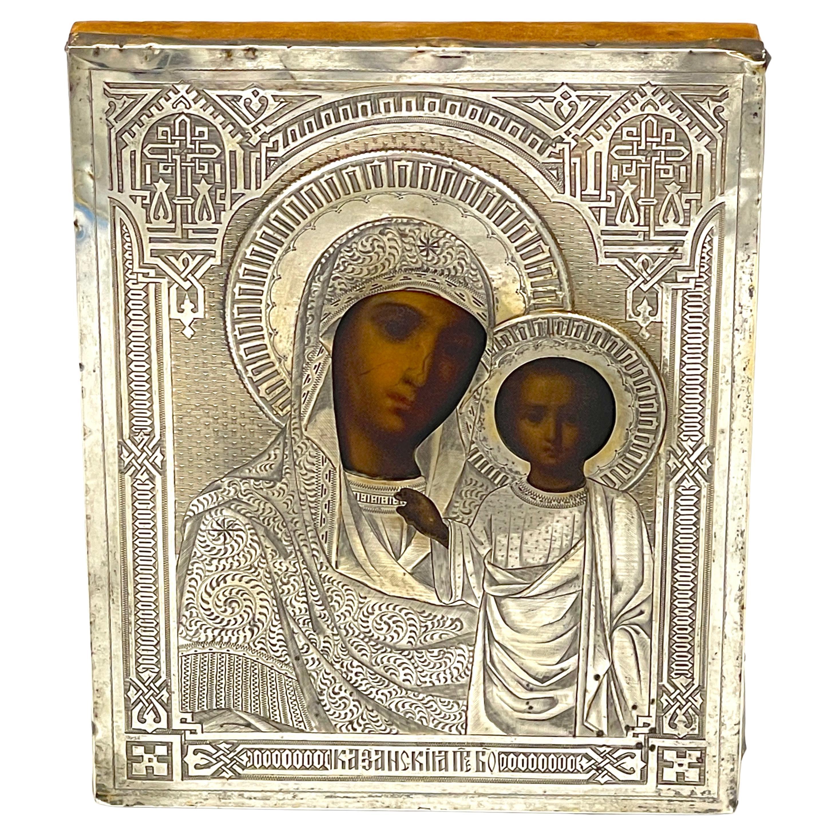 Russian Silver Icon, Our Lady of Kazan  1886 For Sale