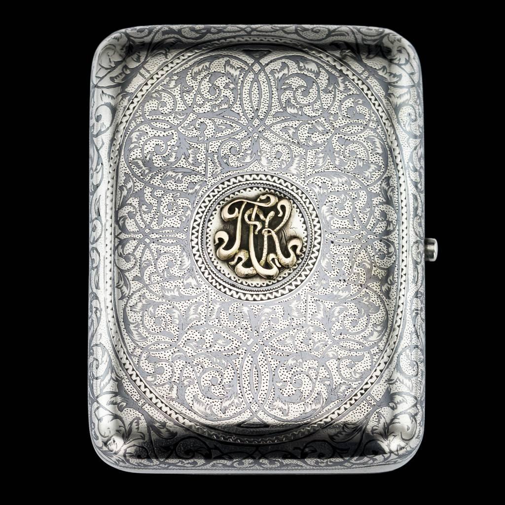 Antique 19th century Imperial Russian solid silver and niello enamel large cigarette case, the cover depicting the statue of Pushkin (build in 1880), standing in the Pushkin Square, Tverskoy District of central Moscow. It was historically known as