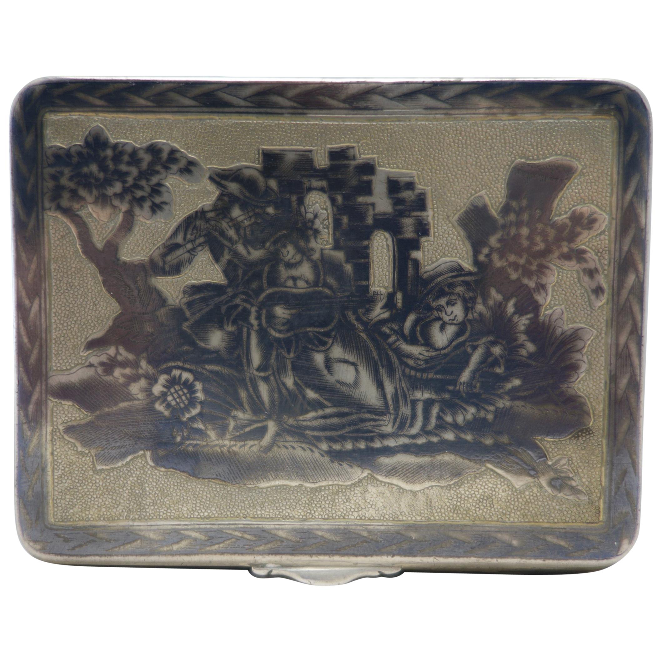Russian Silver Niello Tobacco Box, Moscow, circa 1820-1830 For Sale