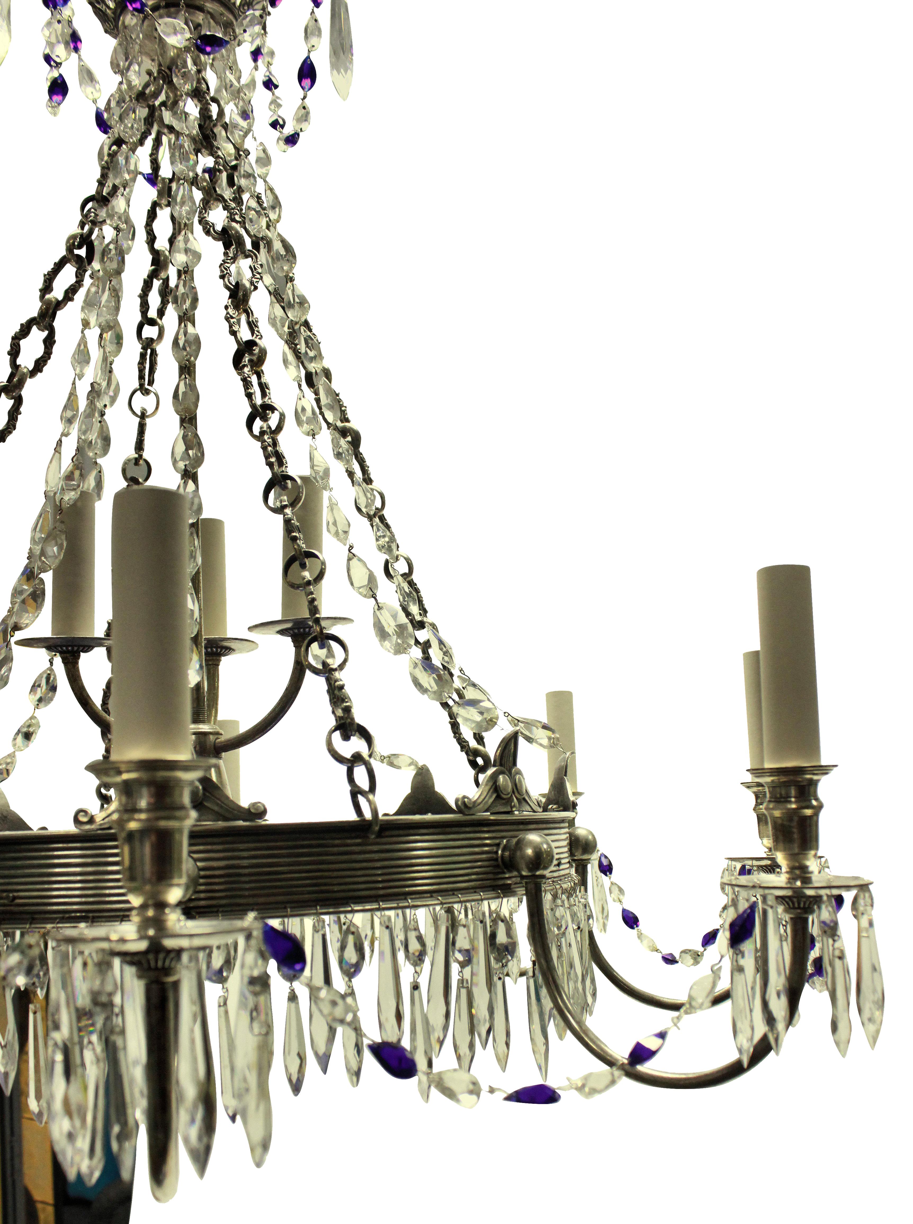 Russian Silver Plated and Blue Glass Chandelier In Good Condition In London, GB