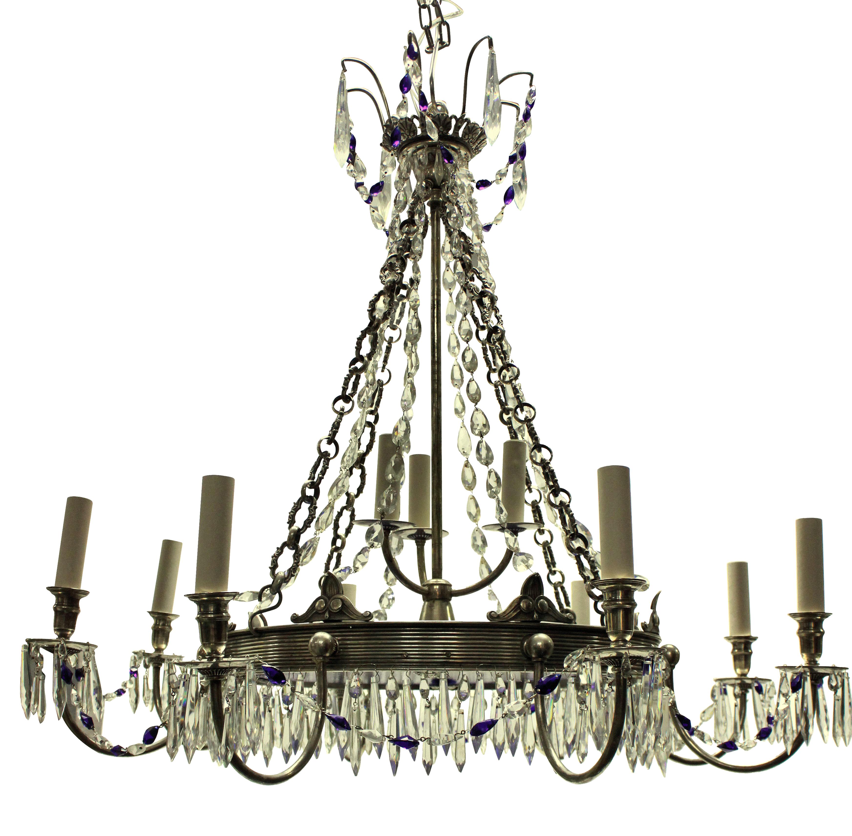 Bronze Russian Silver Plated and Blue Glass Chandelier