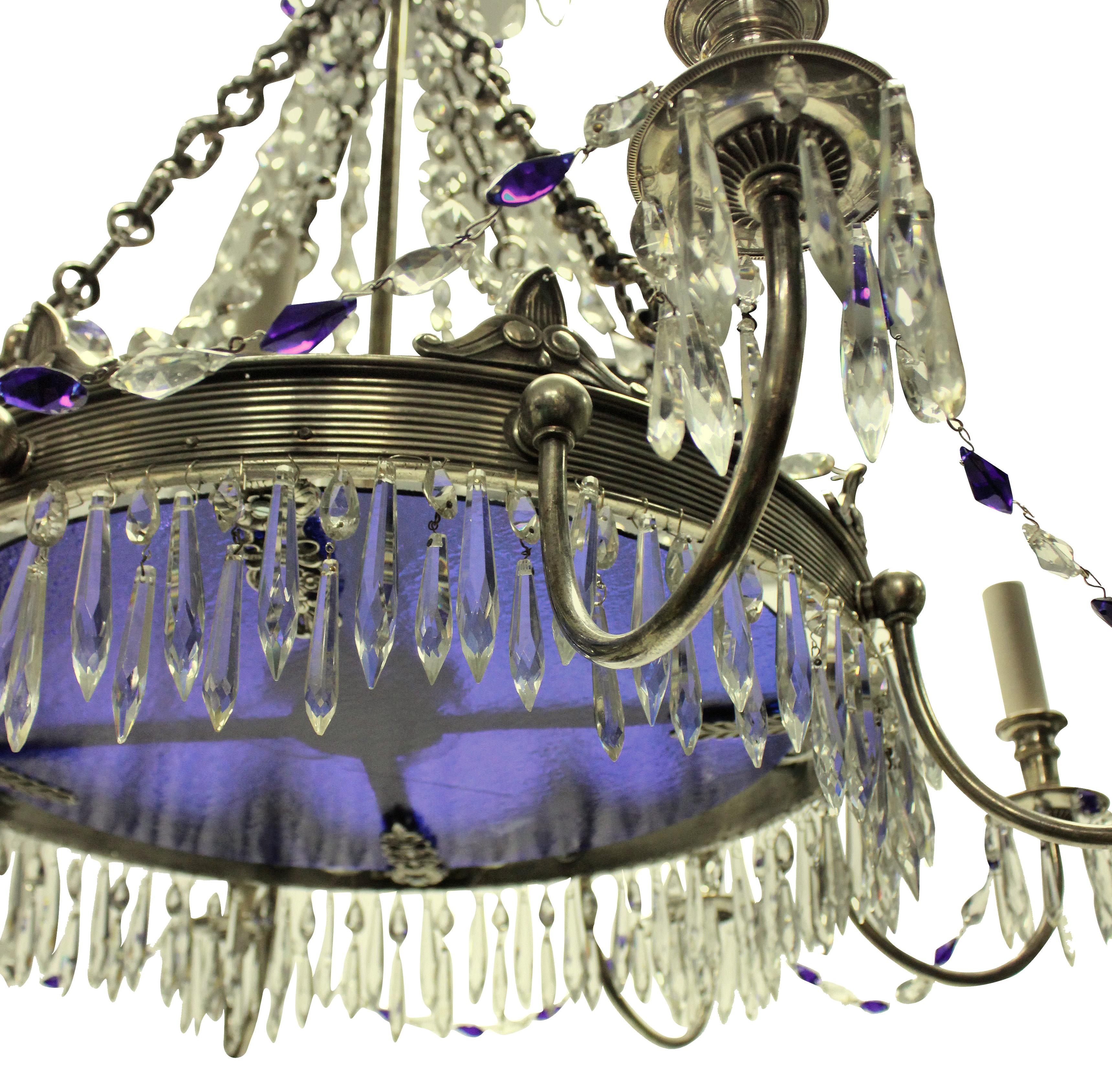 Russian Silver Plated and Blue Glass Chandelier 1