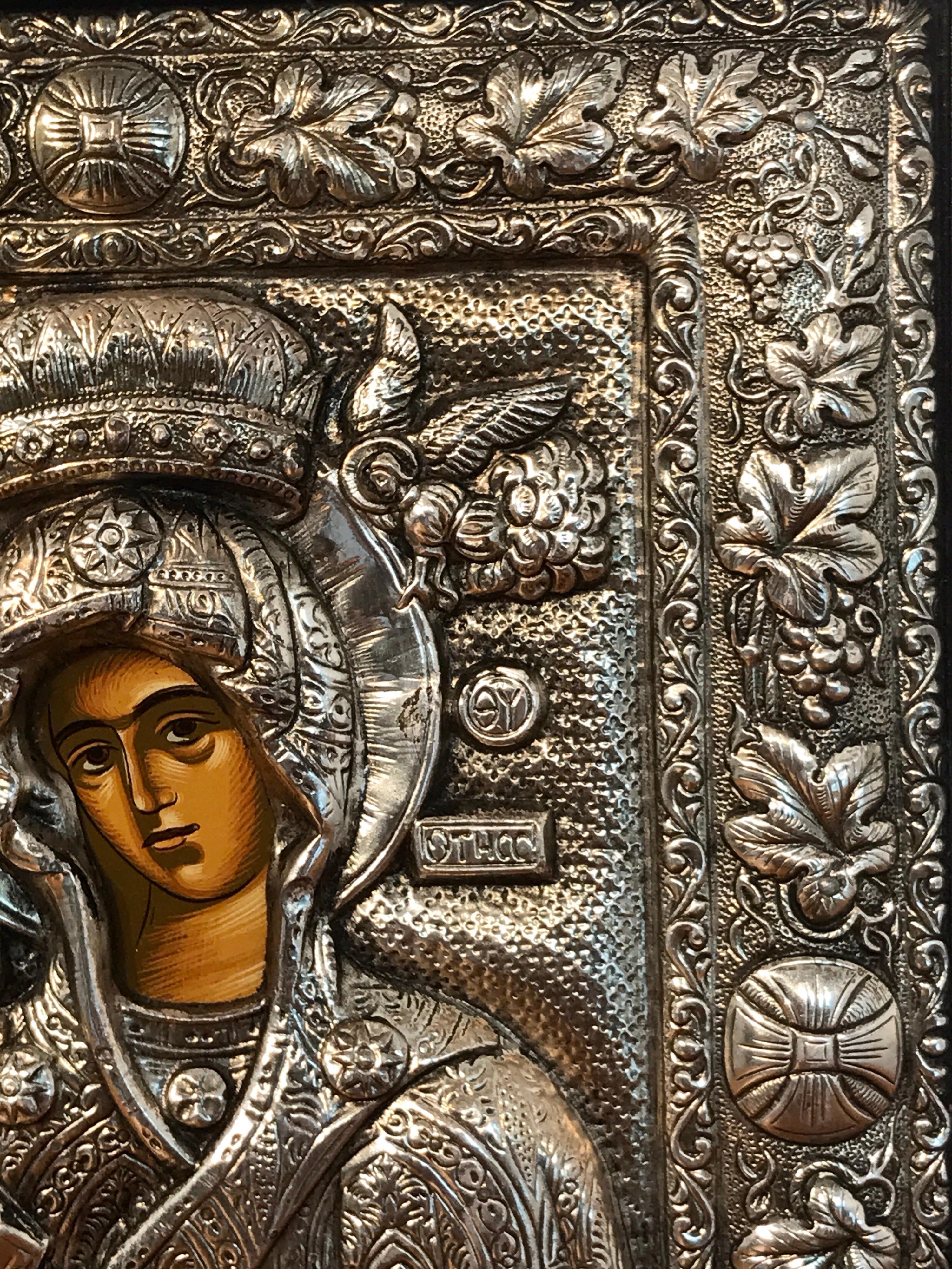 Ebonized Russian Silver Riza Icon of Madonna and Child