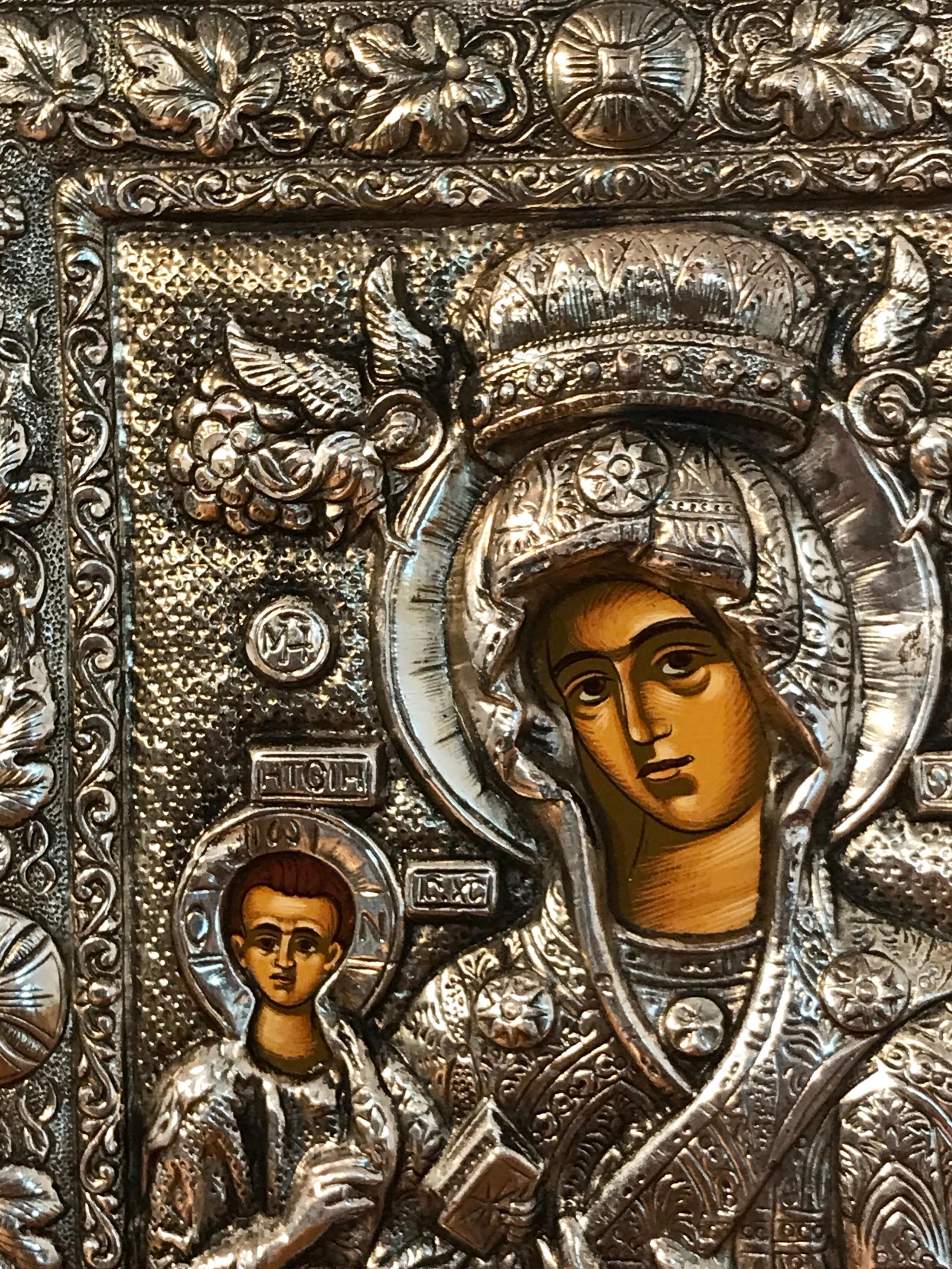 20th Century Russian Silver Riza Icon of Madonna and Child